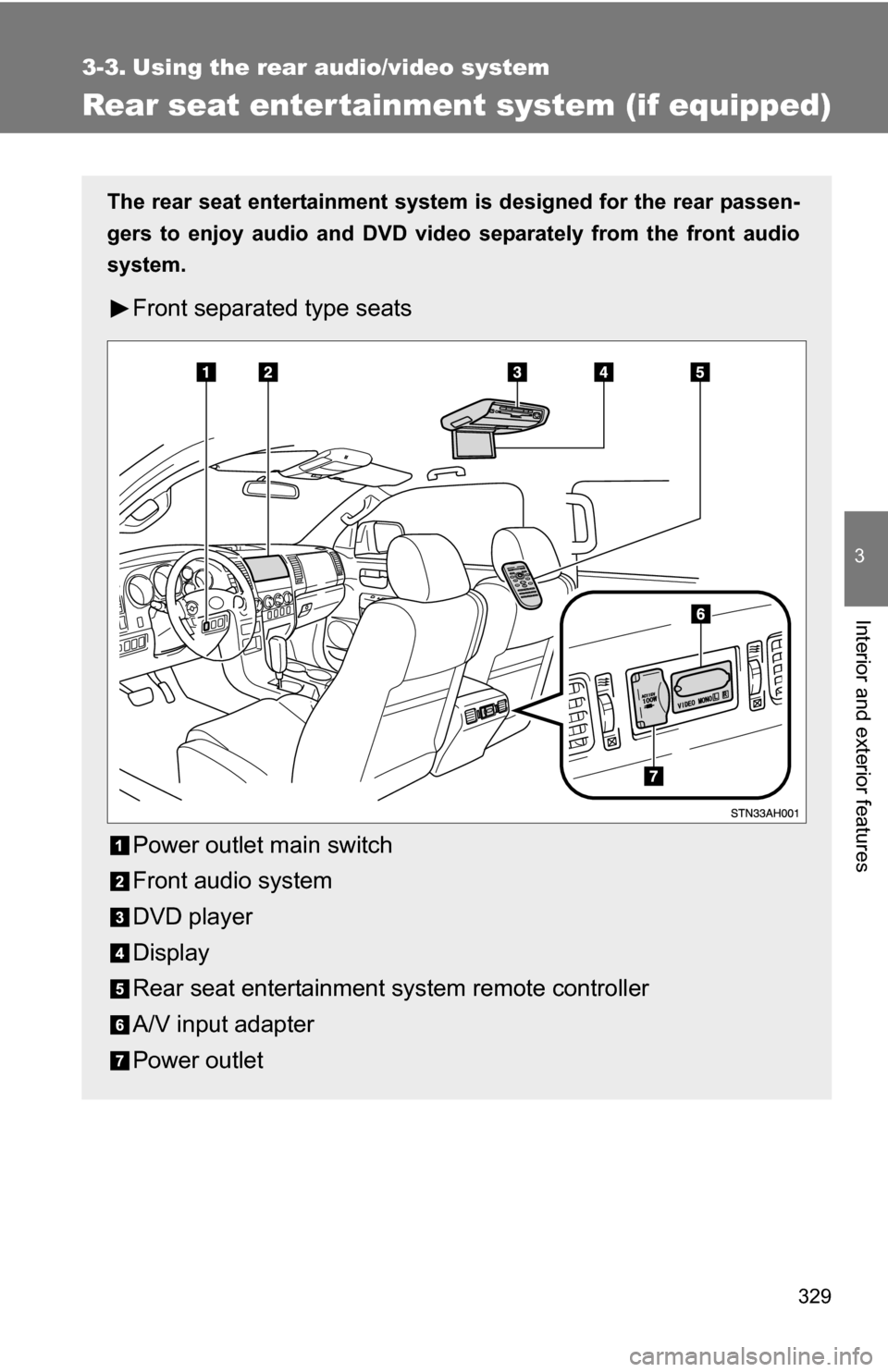 TOYOTA TUNDRA 2009 2.G Owners Manual 329
3
Interior and exterior features
3-3. Using the rear audio/video system
Rear seat entertainment system (if equipped)
The rear seat entertainment system is designed for the rear passen-
gers to enj TOYOTA TUNDRA 2009 2.G Owners Manual 329
3
Interior and exterior features
3-3. Using the rear audio/video system
Rear seat entertainment system (if equipped)
The rear seat entertainment system is designed for the rear passen-
gers to enj