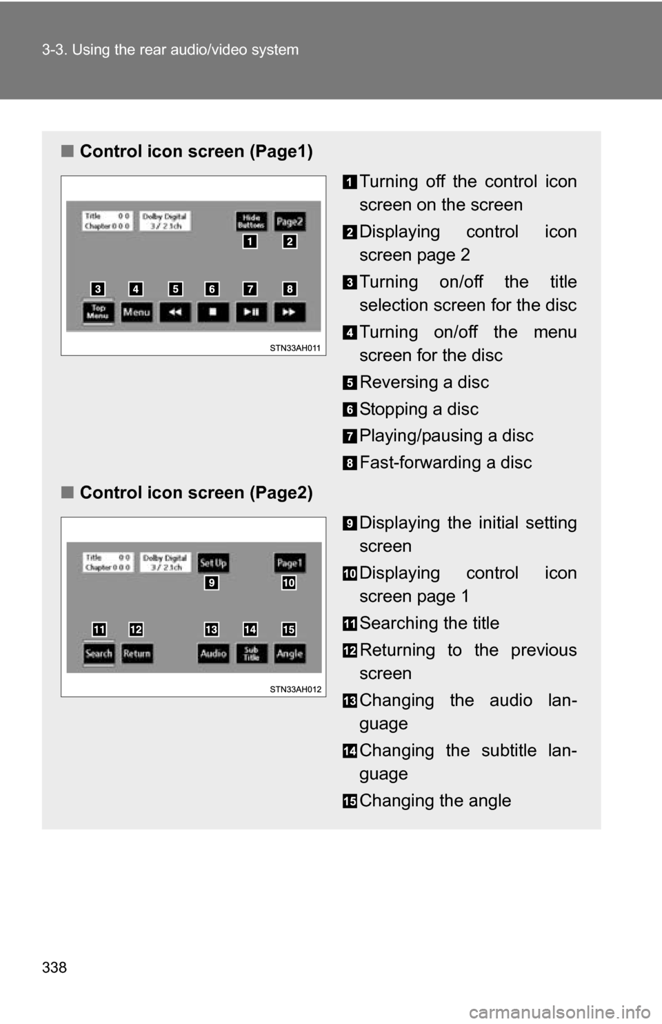 TOYOTA TUNDRA 2009 2.G Owners Manual 338 3-3. Using the rear audio/video system
■Control icon screen (Page1)
Turning off the control icon
screen on the screen
Displaying control icon
screen page 2
Turning on/off the title
selection scr