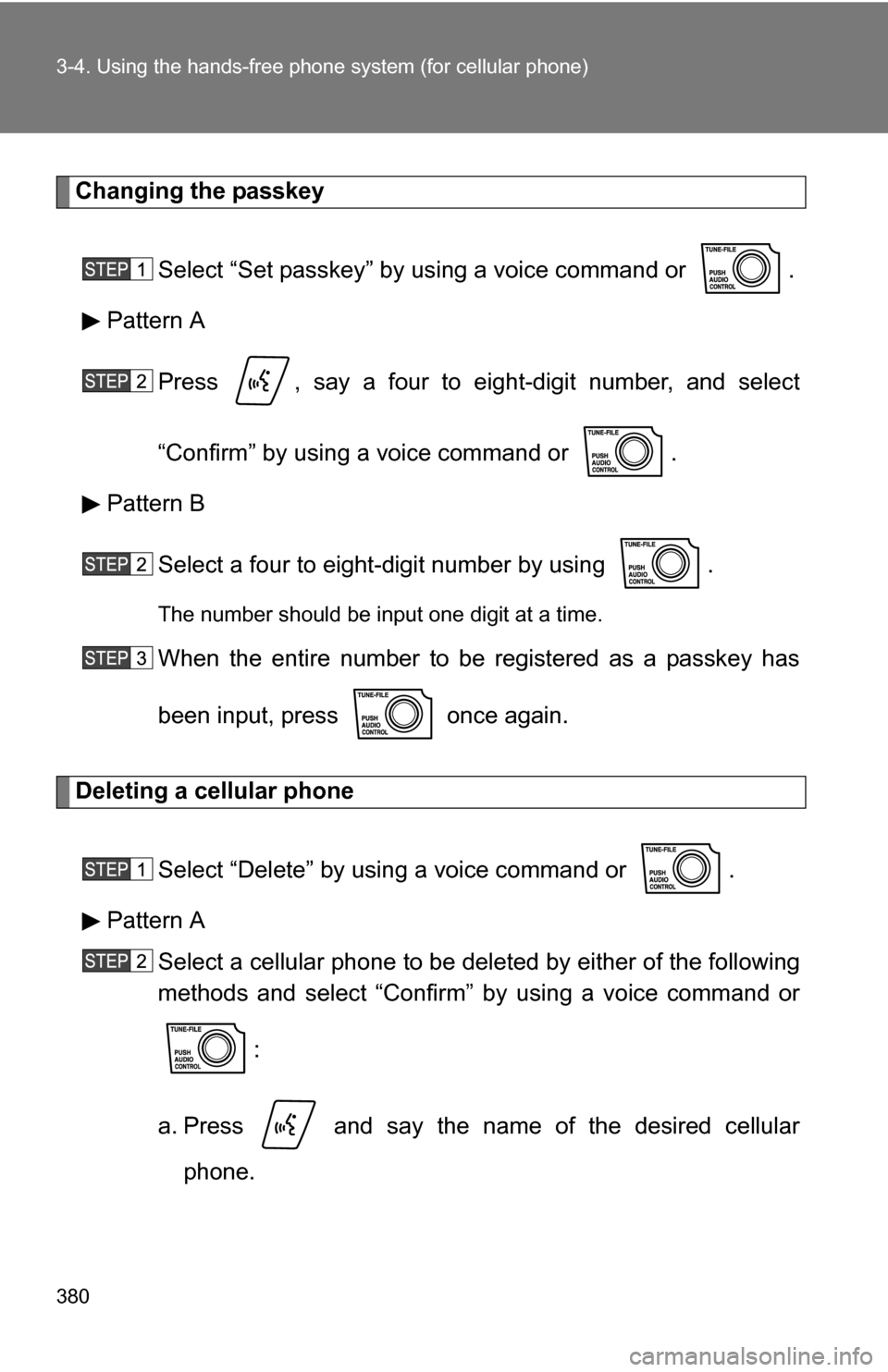 TOYOTA TUNDRA 2009 2.G Owners Manual 380 3-4. Using the hands-free phone system (for cellular phone)
Changing the passkey
Select “Set passkey” by using a voice command or  .
Pattern A
Press  , say a four to eight-digit number, and se