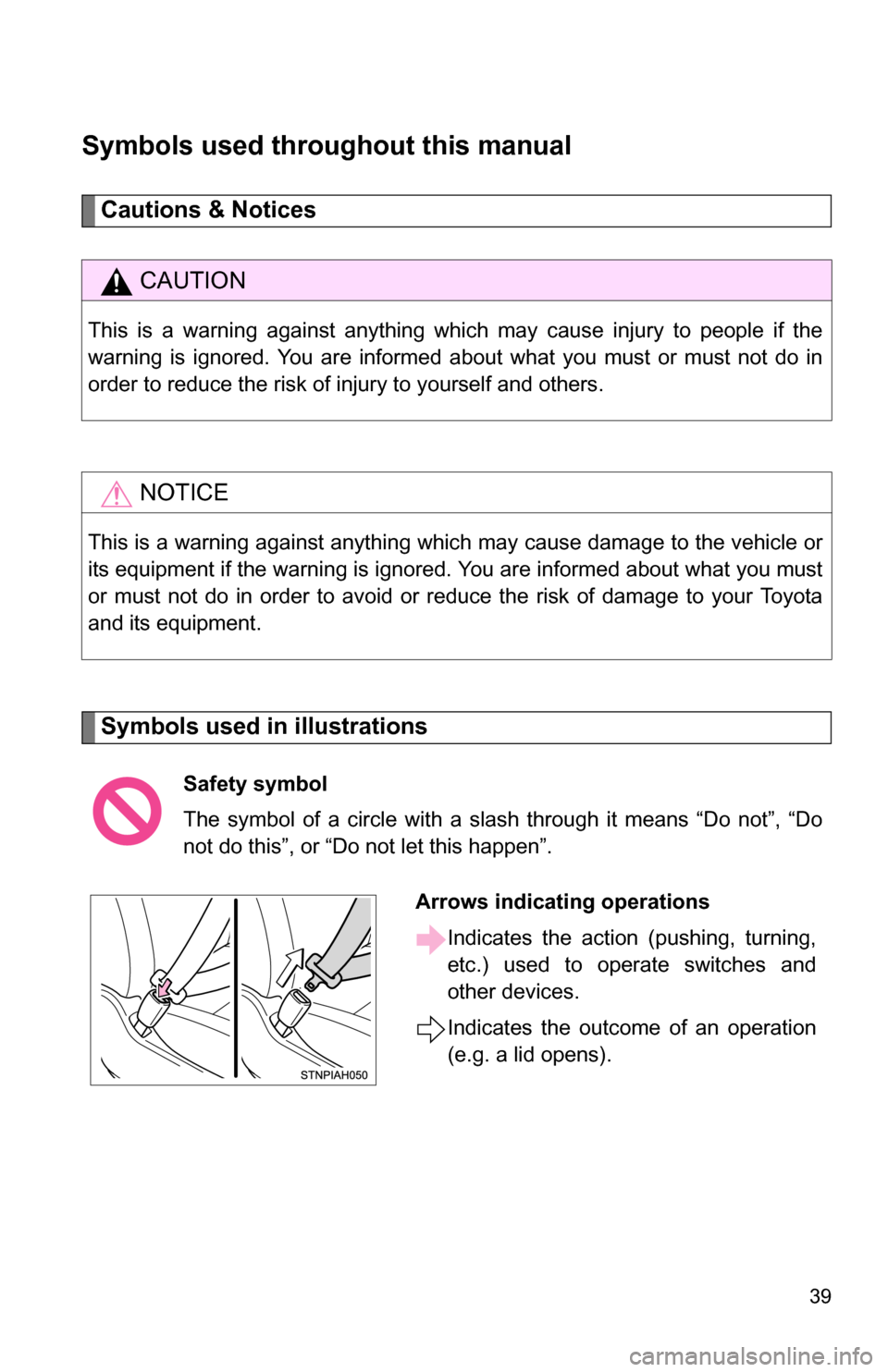 TOYOTA TUNDRA 2009 2.G Owners Guide 39
Symbols used throughout this manual
Cautions & Notices 
Symbols used in illustrations
CAUTION
This is a warning against anything which may cause injury to people if the
warning is ignored. You are 