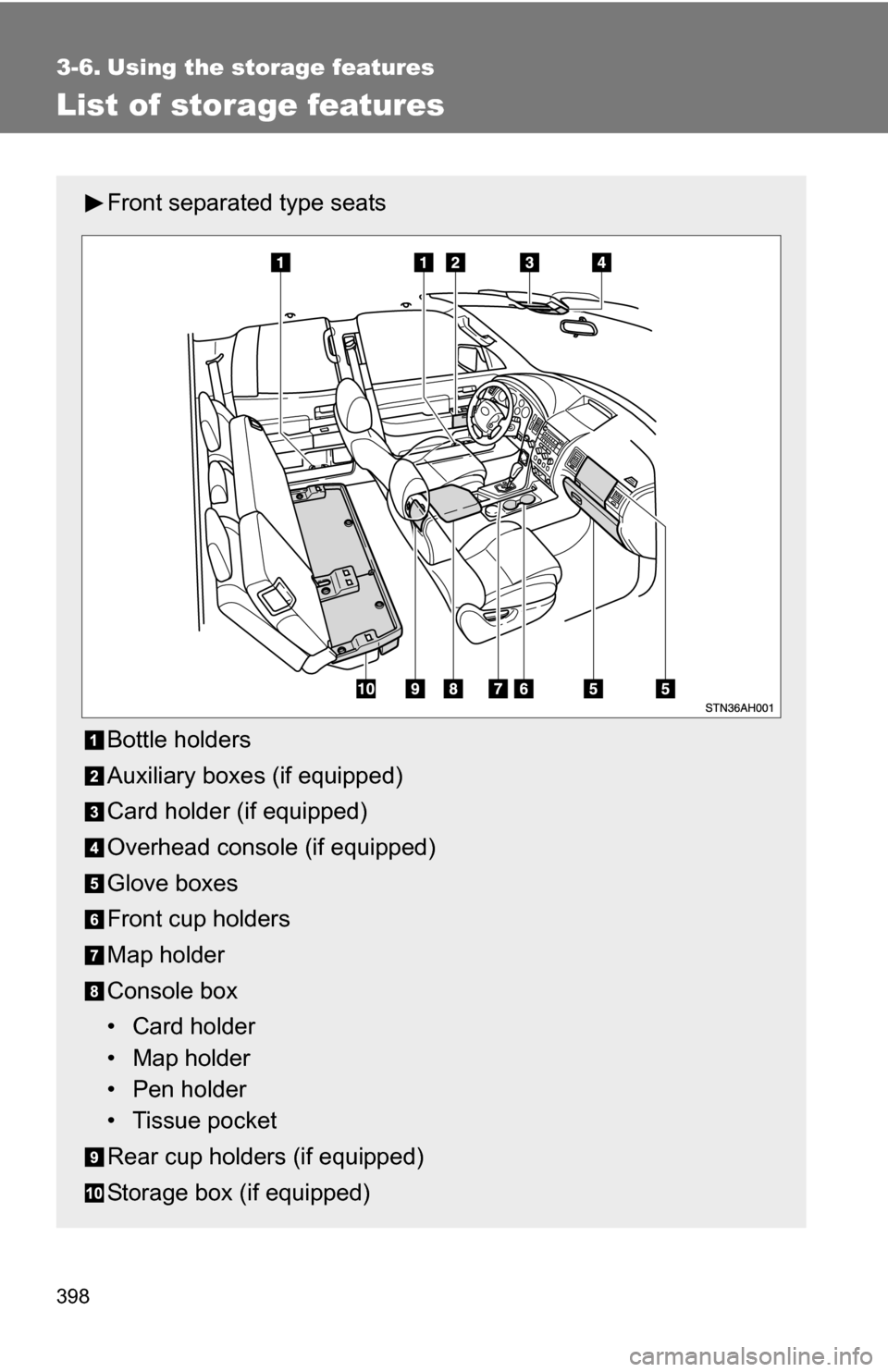 TOYOTA TUNDRA 2009 2.G Owners Manual 398
3-6. Using the storage features
List of storage features
Front separated type seats
Bottle holders
Auxiliary boxes (if equipped)
Card holder (if equipped)
Overhead console (if equipped)
Glove boxe