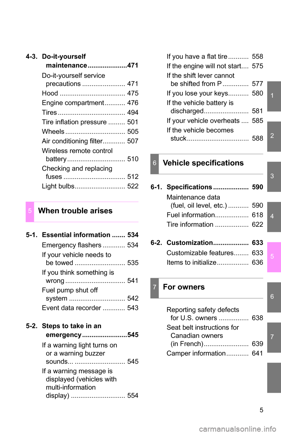 TOYOTA TUNDRA 2009 2.G Owners Manual 1
2
3
4
5
6
7
5
4-3. Do-it-yourself maintenance .....................471
Do-it-yourself service  precautions ....................... 471
Hood ................................... 475
Engine compartment