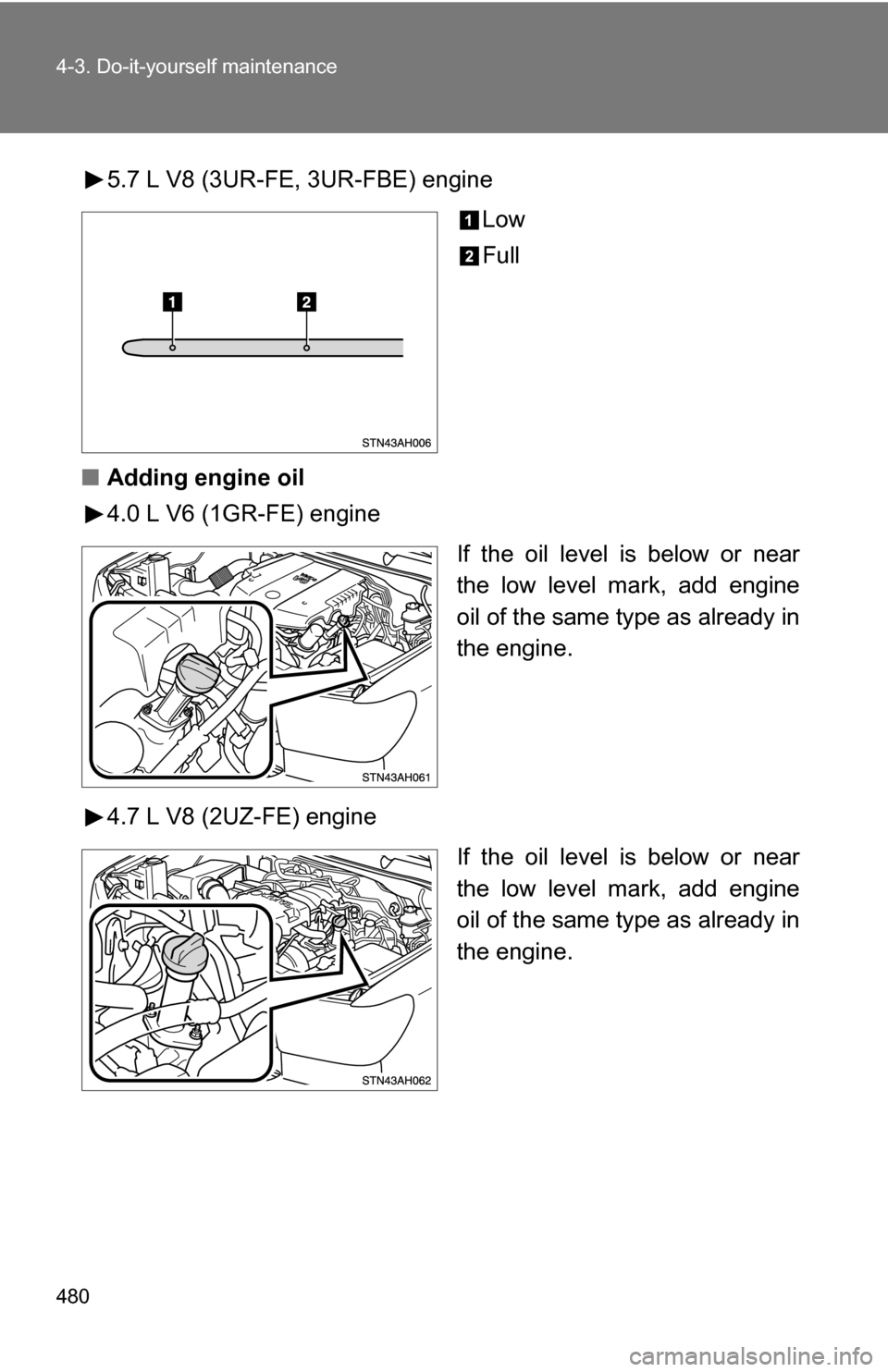 TOYOTA TUNDRA 2009 2.G Owners Manual 480 4-3. Do-it-yourself maintenance
5.7 L V8 (3UR-FE, 3UR-FBE) engineLow
Full
■ Adding engine oil
4.0 L V6 (1GR-FE) engine
If the oil level is below or near
the low level mark, add engine
oil of the