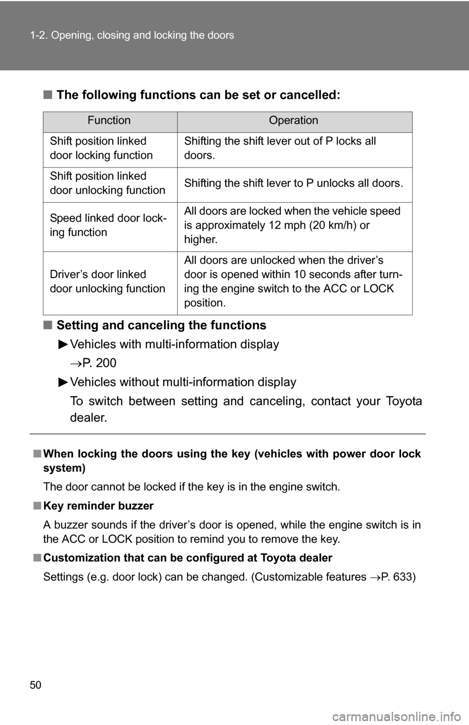 TOYOTA TUNDRA 2009 2.G Service Manual 50 1-2. Opening, closing and locking the doors
■The following functions can be set or cancelled:
■ Setting and canceling the functions
Vehicles with multi-information display
P. 2 0 0
Vehicles TOYOTA TUNDRA 2009 2.G Service Manual 50 1-2. Opening, closing and locking the doors
■The following functions can be set or cancelled:
■ Setting and canceling the functions
Vehicles with multi-information display
P. 2 0 0
Vehicles