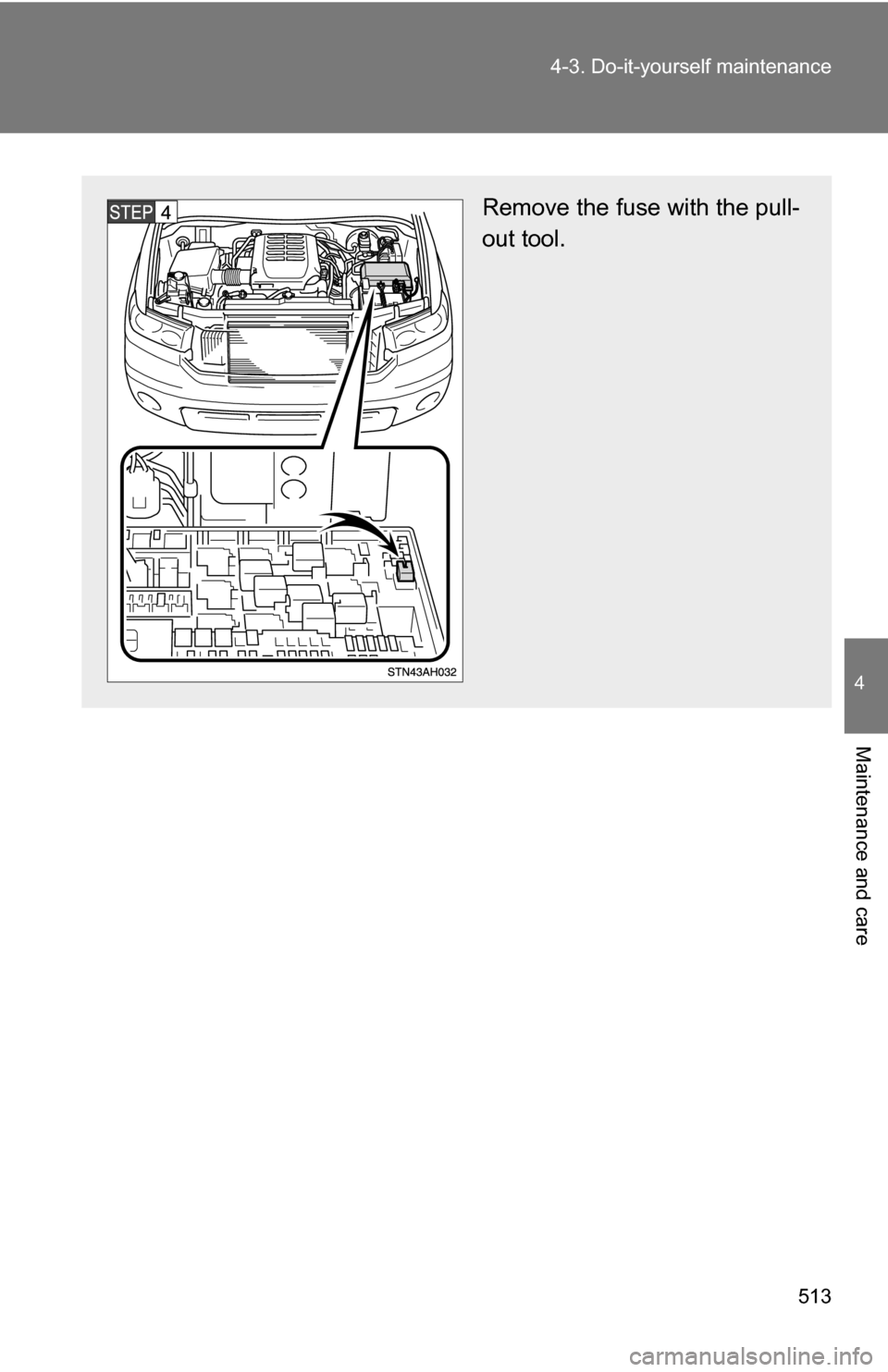 TOYOTA TUNDRA 2009 2.G Owners Manual 513
4-3. Do-it-yourself maintenance
4
Maintenance and care
Remove the fuse with the pull-
out tool. 