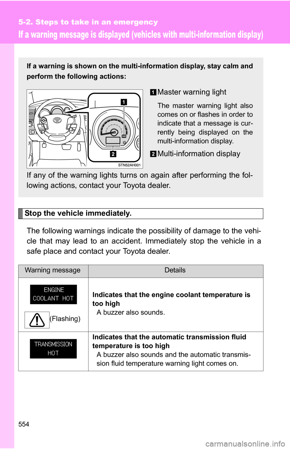 TOYOTA TUNDRA 2009 2.G Owners Manual 554
5-2. Steps to take in an emergency
If a war ning message is displayed (vehicles with multi-infor mation display)
Stop the vehicle immediately.The following warnings indicate the possibility of dam