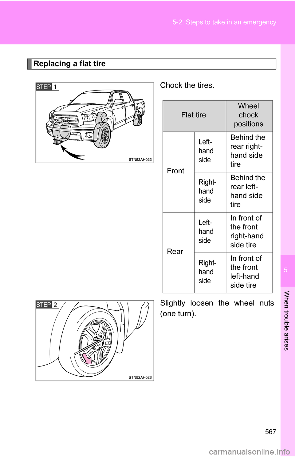 TOYOTA TUNDRA 2009 2.G Owners Manual 5
When trouble arises
567
5-2. Steps to take in an emergency
Replacing a flat tire
Chock the tires.
Slightly loosen the wheel nuts
(one turn).
Flat tire
Wheelchock
positions
Front
Left-
hand 
sideBehi