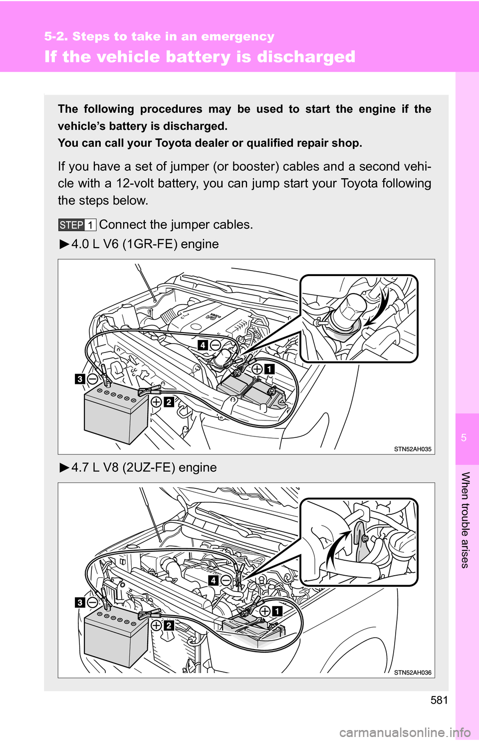 TOYOTA TUNDRA 2009 2.G Owners Manual 5
When trouble arises
581
5-2. Steps to take in an emergency
If the vehicle batter y is discharged
.
The following procedures may be used to start the engine if the
vehicle’s battery is discharged.
TOYOTA TUNDRA 2009 2.G Owners Manual 5
When trouble arises
581
5-2. Steps to take in an emergency
If the vehicle batter y is discharged
.
The following procedures may be used to start the engine if the
vehicle’s battery is discharged.
