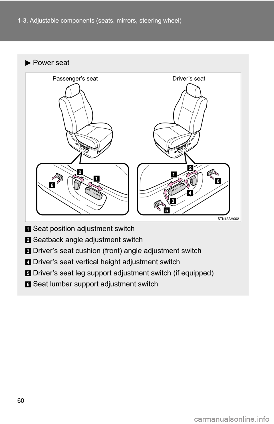 TOYOTA TUNDRA 2009 2.G Workshop Manual 60 1-3. Adjustable components (seats, mirrors, steering wheel)
Power seat
Seat position adjustment switch
Seatback angle adjustment switch
Driver’s seat cushion (front) angle adjustment switch
Drive