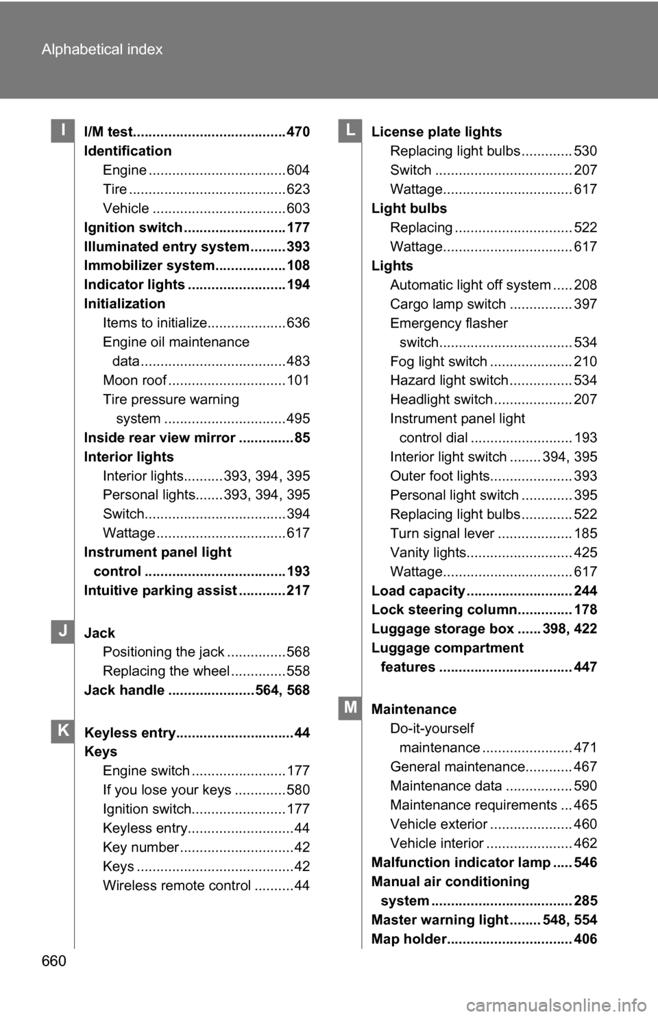 TOYOTA TUNDRA 2009 2.G Owners Manual 660 Alphabetical index
I/M test....................................... 470
IdentificationEngine ................................... 604
Tire ........................................ 623
Vehicle ...... TOYOTA TUNDRA 2009 2.G Owners Manual 660 Alphabetical index
I/M test....................................... 470
IdentificationEngine ................................... 604
Tire ........................................ 623
Vehicle ......