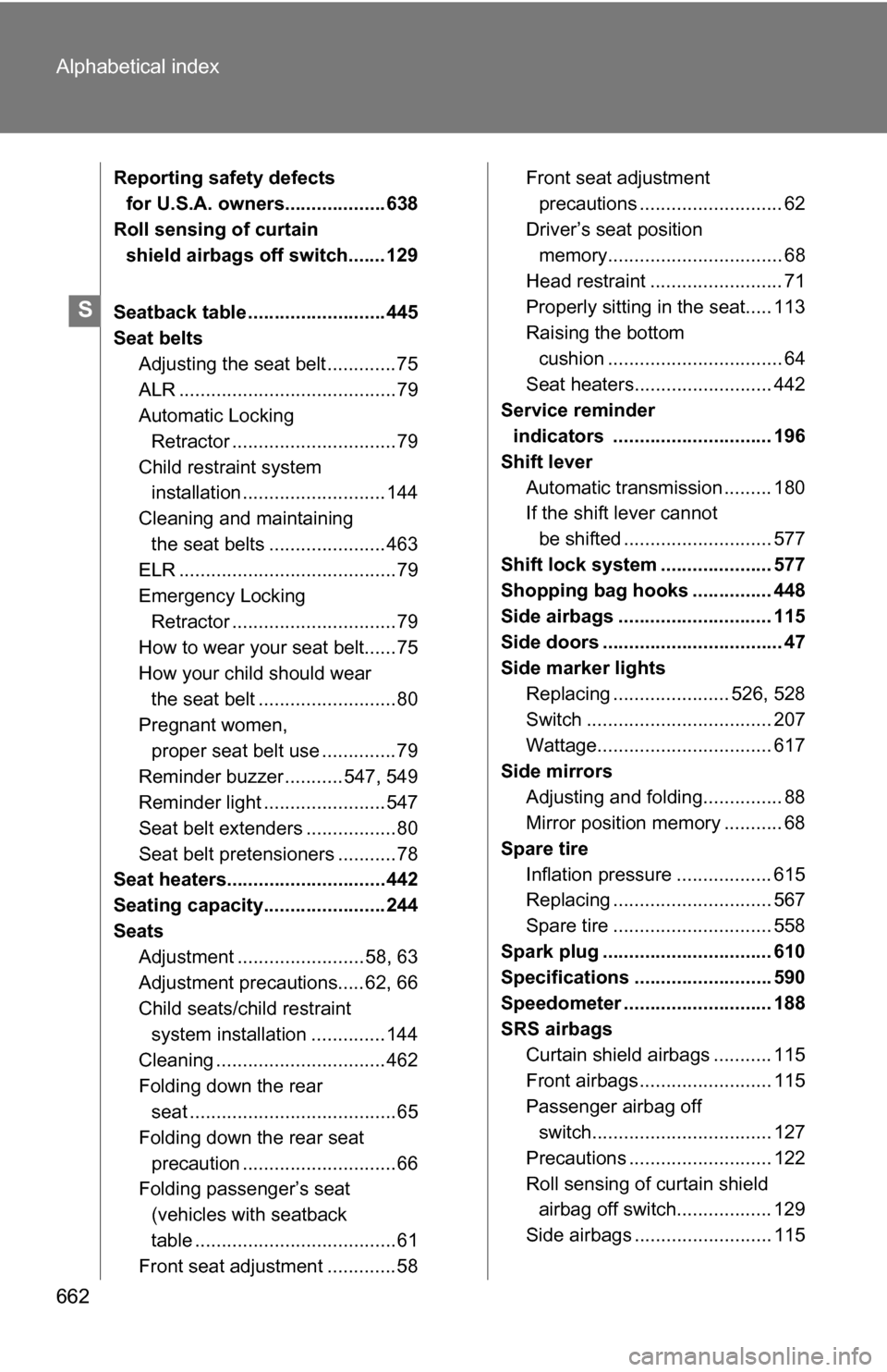 TOYOTA TUNDRA 2009 2.G Owners Manual 662 Alphabetical index
Reporting safety defects for U.S.A. owners................... 638
Roll sensing of curtain  shield airbags off switch....... 129
Seatback table .......................... 445
Sea