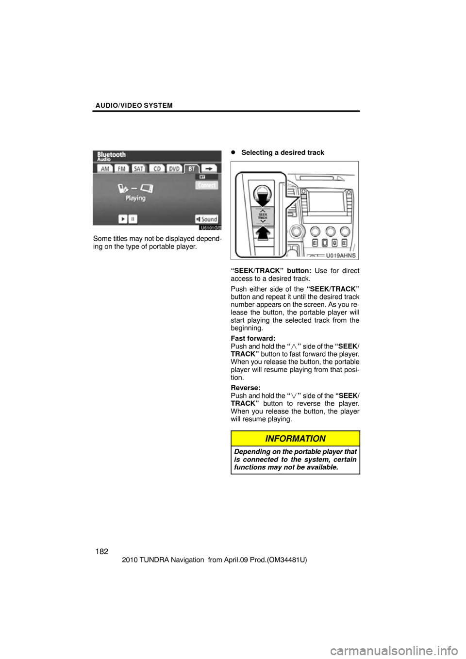 TOYOTA TUNDRA 2010 2.G Navigation Manual AUDIO/VIDEO SYSTEM
182
2010 TUNDRA Navigation  from April.09 Prod.(OM34481U)
U6101GS
Some titles may not be displayed depend-
ing on the type of portable player.
Selecting a desired track
U019AHNS
