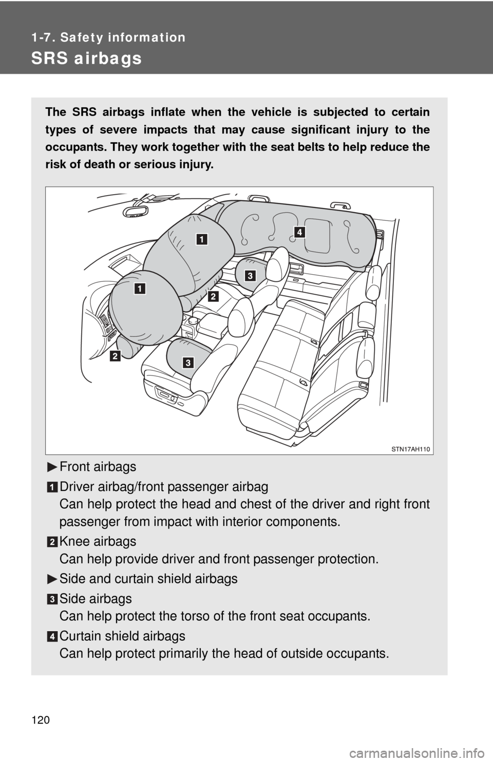 TOYOTA TUNDRA 2010 2.G Owners Manual 120
1-7. Safety information
SRS airbags
The SRS airbags inflate when the vehicle is subjected to certain
types of severe impacts that may cause significant injury to the
occupants. They work together TOYOTA TUNDRA 2010 2.G Owners Manual 120
1-7. Safety information
SRS airbags
The SRS airbags inflate when the vehicle is subjected to certain
types of severe impacts that may cause significant injury to the
occupants. They work together