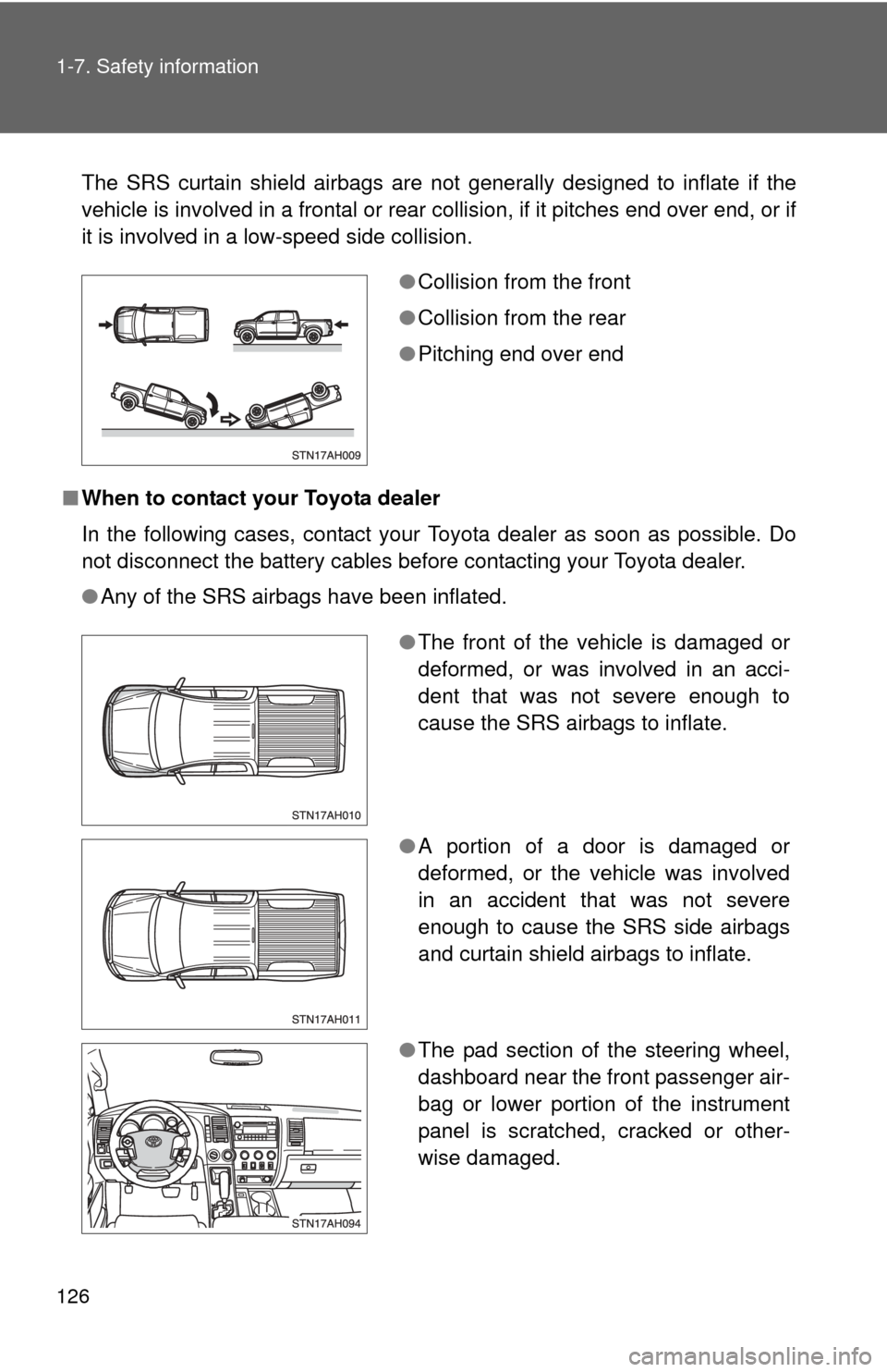 TOYOTA TUNDRA 2010 2.G Owners Manual 126 1-7. Safety information
The SRS curtain shield airbags are not generally designed to inflate if the
vehicle is involved in a frontal or rear collision, if it pitches end over end, or if
it is invo TOYOTA TUNDRA 2010 2.G Owners Manual 126 1-7. Safety information
The SRS curtain shield airbags are not generally designed to inflate if the
vehicle is involved in a frontal or rear collision, if it pitches end over end, or if
it is invo