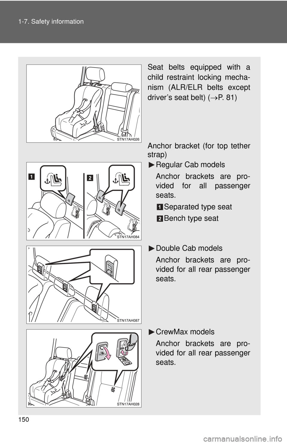 TOYOTA TUNDRA 2010 2.G Owners Manual 150 1-7. Safety information
Seat belts equipped with a
child restraint locking mecha-
nism (ALR/ELR belts except
driver’s seat belt) (P. 81)
Anchor bracket (for top tether
strap) Regular Cab mode