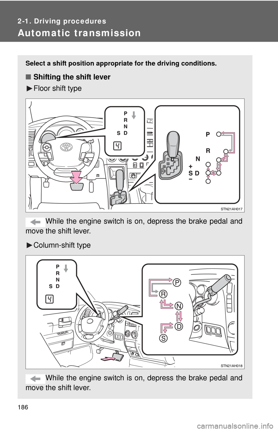 TOYOTA TUNDRA 2010 2.G Owners Manual 186
2-1. Driving procedures
Automatic transmission
Select a shift position appropriate for the driving conditions.
■Shifting the shift lever
Floor shift type
While the engine switch is  on, depress 