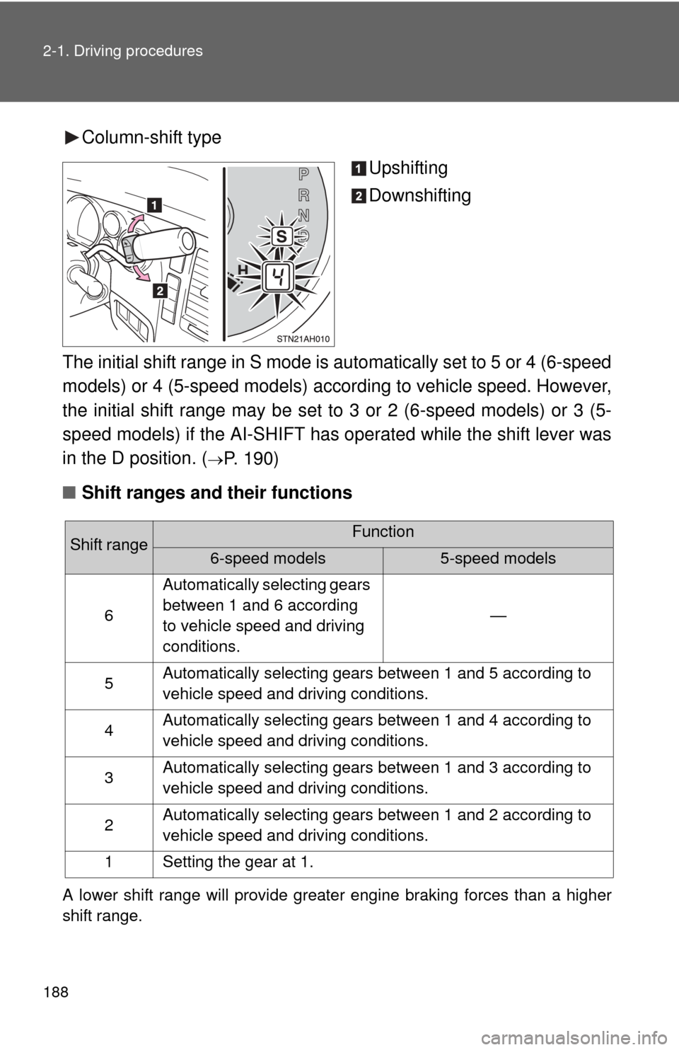 TOYOTA TUNDRA 2010 2.G Owners Manual 188 2-1. Driving procedures
Column-shift typeUpshifting
Downshifting
The initial shift range in S mode is automatically set to 5 or 4 (6-speed
models) or 4 (5-speed models) according to vehicle speed. TOYOTA TUNDRA 2010 2.G Owners Manual 188 2-1. Driving procedures
Column-shift typeUpshifting
Downshifting
The initial shift range in S mode is automatically set to 5 or 4 (6-speed
models) or 4 (5-speed models) according to vehicle speed.