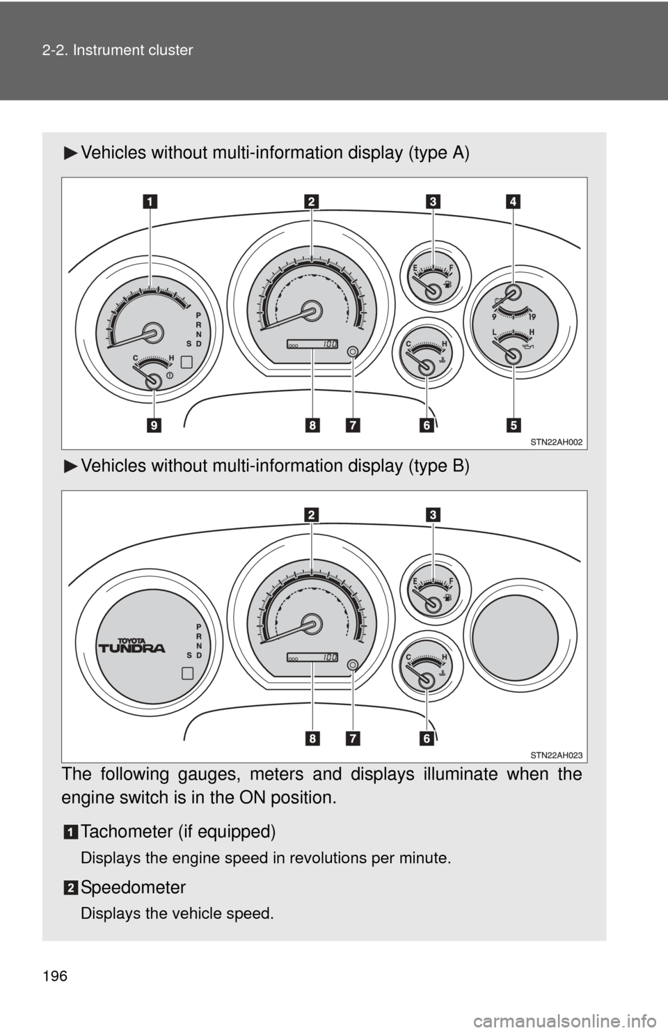 TOYOTA TUNDRA 2010 2.G Owners Manual 196 2-2. Instrument cluster
Vehicles without multi-information display (type A)
Vehicles without multi-in formation display (type B)
The following gauges, meters and displays illuminate when the
engin