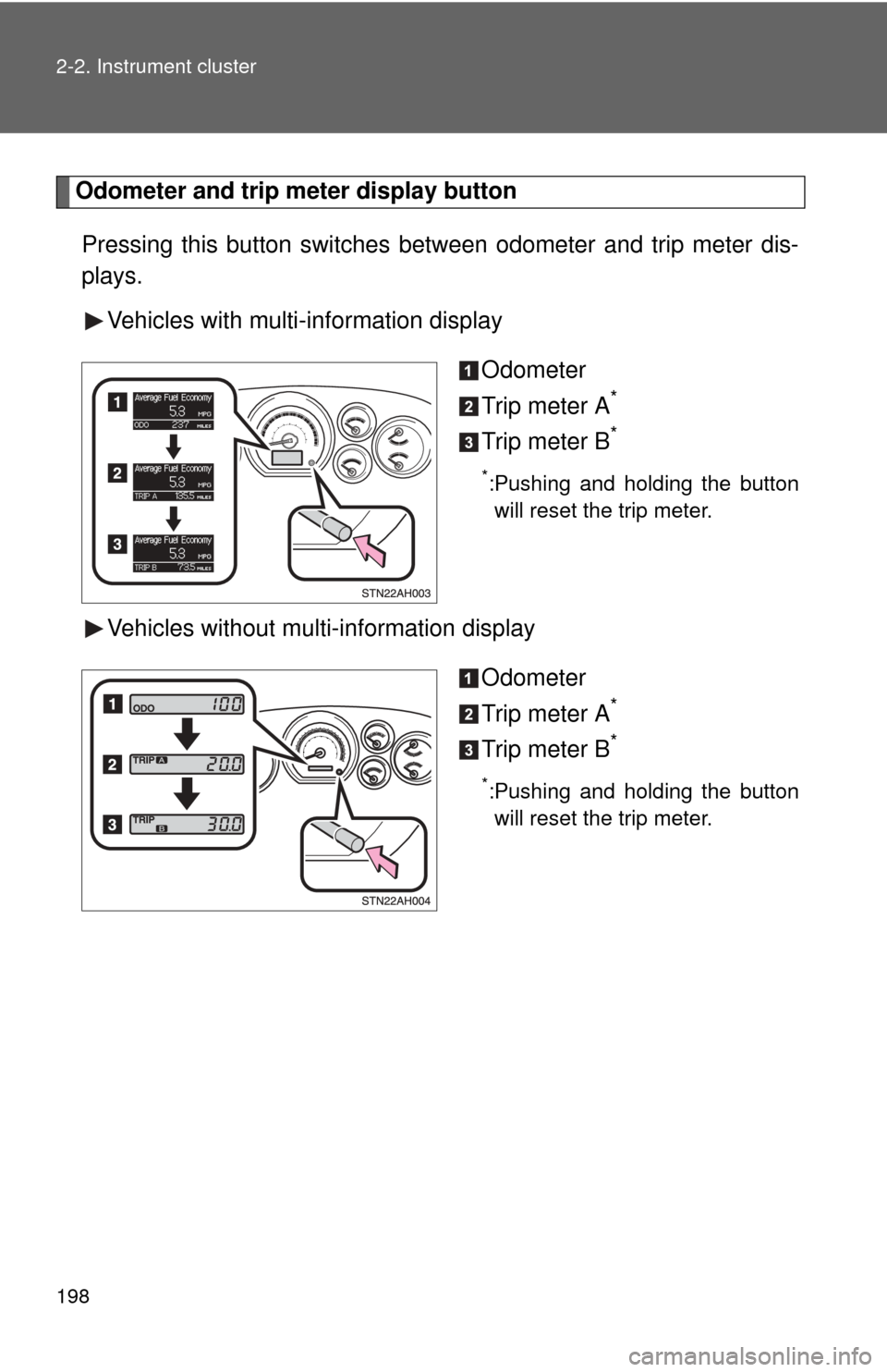 TOYOTA TUNDRA 2010 2.G Owners Manual 198 2-2. Instrument cluster
Odometer and trip meter display button 
Pressing this button switches between odometer and trip meter dis-
plays.
Vehicles with multi-information display
Odometer
Trip mete