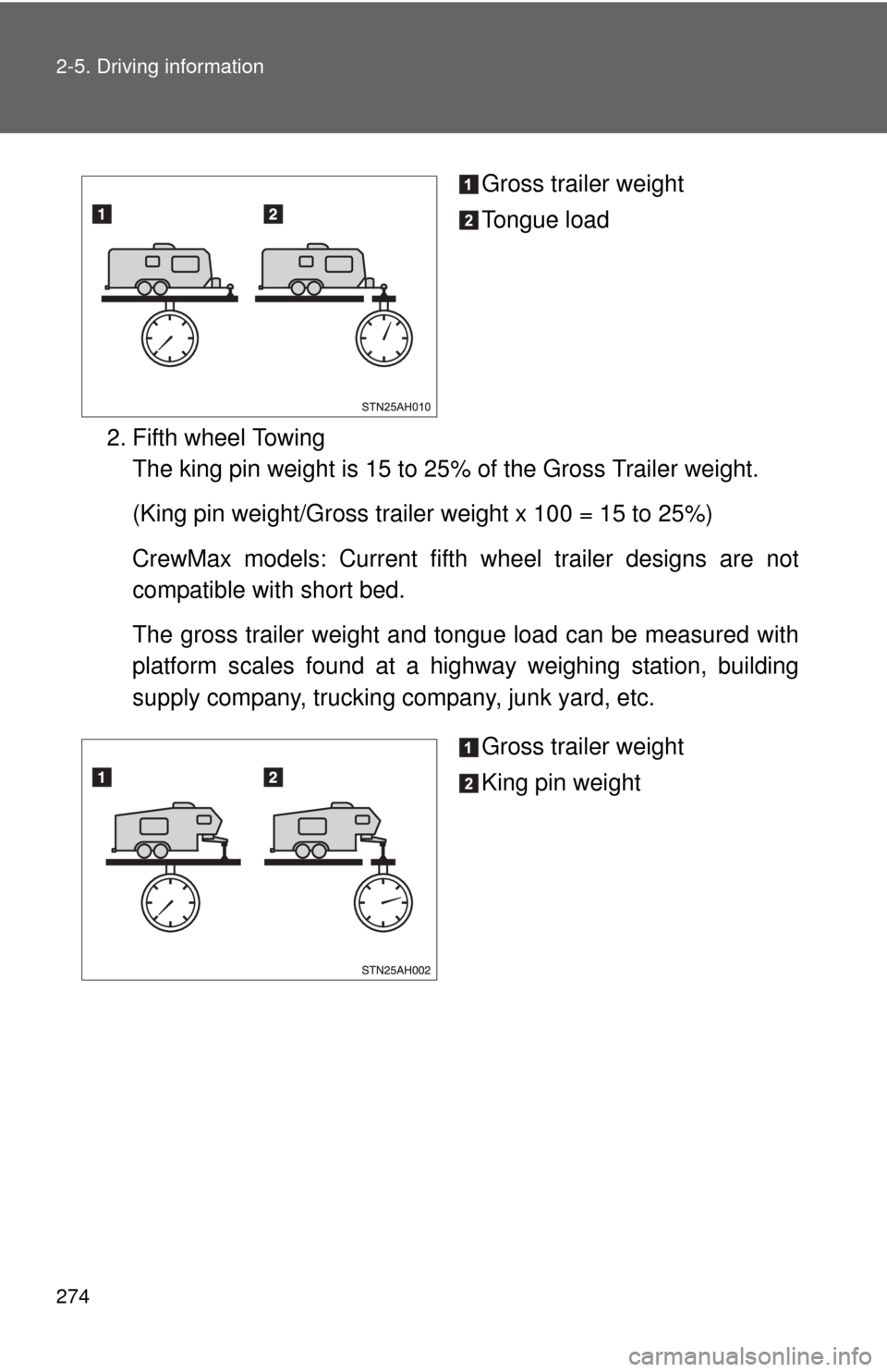 TOYOTA TUNDRA 2010 2.G Owners Manual 274 2-5. Driving information
Gross trailer weight
Tongue load
2. Fifth wheel Towing The king pin weight is 15 to 25% of the Gross Trailer weight.
(King pin weight/Gross trailer weight x 100 = 15 to 25