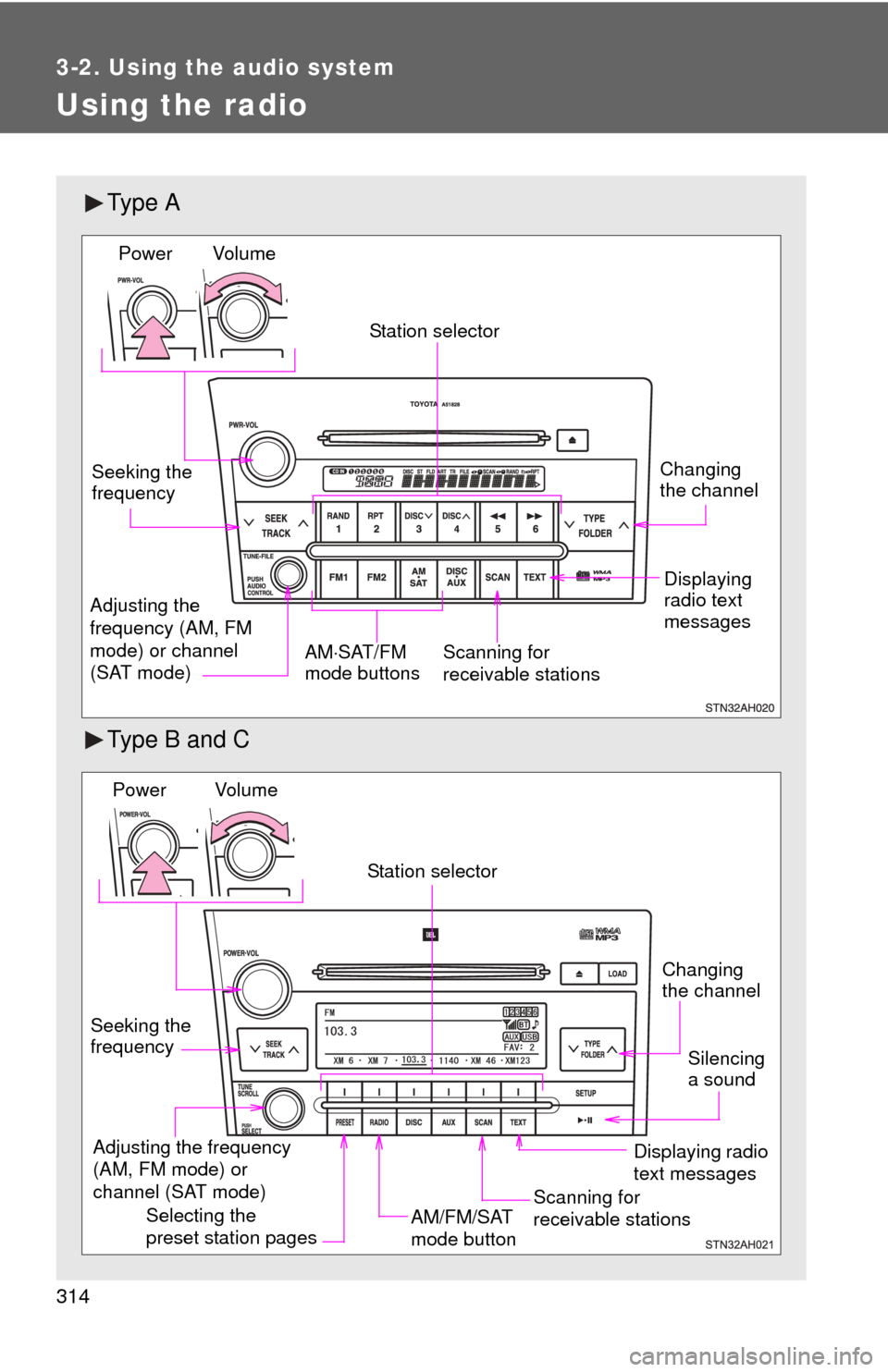 TOYOTA TUNDRA 2010 2.G Owners Manual 314
3-2. Using the audio system
Using the radio
Ty p e  A
Type B and C
Vol u m eScanning for 
receivable stations
Station selector
Seeking the 
frequency
Adjusting the 
frequency (AM, FM 
mode) or cha