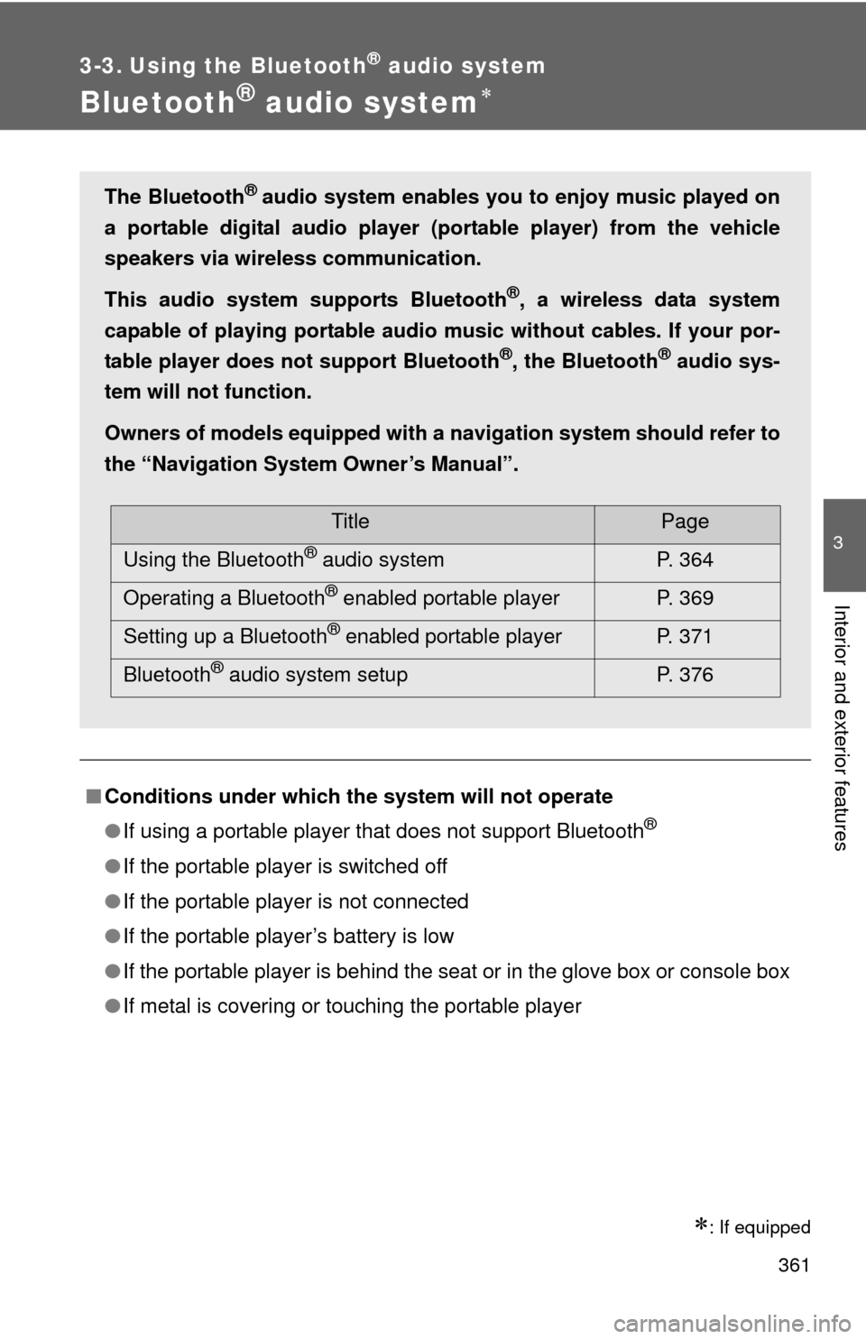 TOYOTA TUNDRA 2010 2.G Owners Manual 361
3
Interior and exterior features
3-3. Using the Bluetooth® audio system
Bluetooth® audio system
: If equipped
■Conditions under which th e system will not operate
● If using a portable