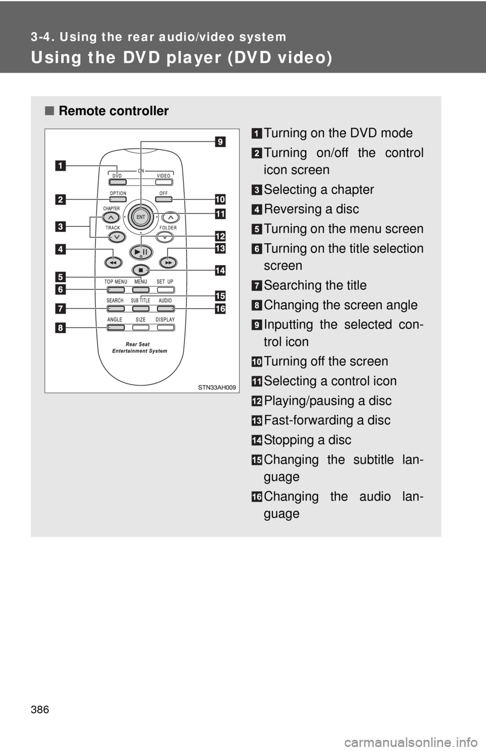 TOYOTA TUNDRA 2010 2.G Owners Manual 386
3-4. Using the rear audio/video system
Using the DVD player (DVD video)
■Remote controller
Turning on the DVD mode 
Turning on/off the control
icon screen
Selecting a chapter
Reversing a disc
Tu