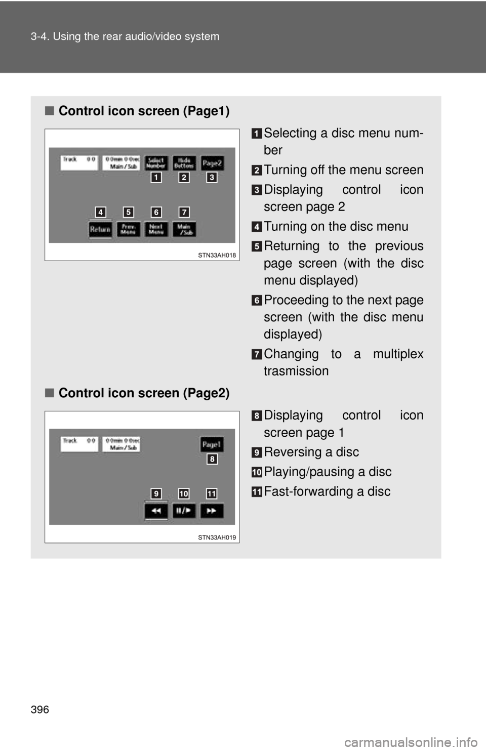 TOYOTA TUNDRA 2010 2.G Owners Manual 396 3-4. Using the rear audio/video system
■Control icon screen (Page1)
Selecting a disc menu num-
ber
Turning off the menu screen
Displaying control icon
screen page 2
Turning on the disc menu
Retu