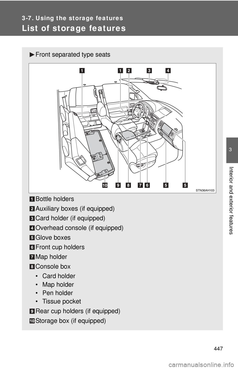 TOYOTA TUNDRA 2010 2.G Owners Manual 447
3
Interior and exterior features
3-7. Using the storage features
List of storage features
Front separated type seats
Bottle holders
Auxiliary boxes (if equipped)
Card holder (if equipped)
Overhead
