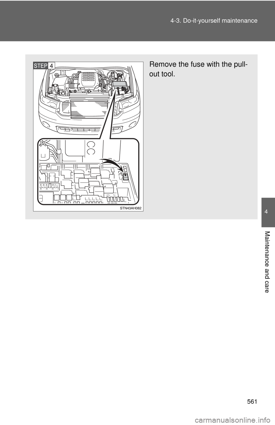 TOYOTA TUNDRA 2010 2.G Owners Manual 561
4-3. Do-it-yourself maintenance
4
Maintenance and care
Remove the fuse with the pull-
out tool. 