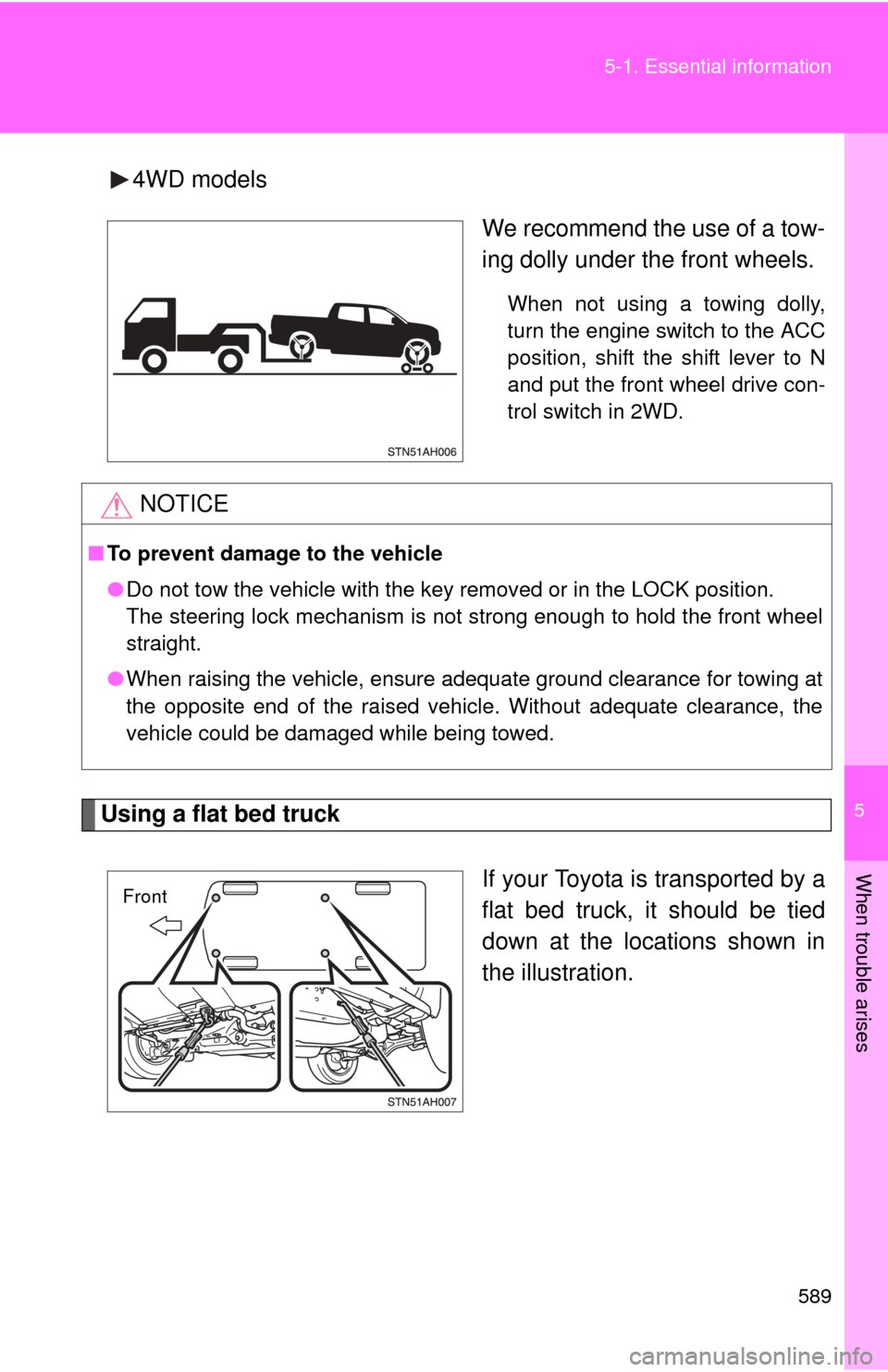 TOYOTA TUNDRA 2010 2.G Owners Manual 5
When trouble arises
589
5-1. Essential information
4WD models
We recommend the use of a tow-
ing dolly under the front wheels.
When not using a towing dolly,
turn the engine switch to the ACC
positi