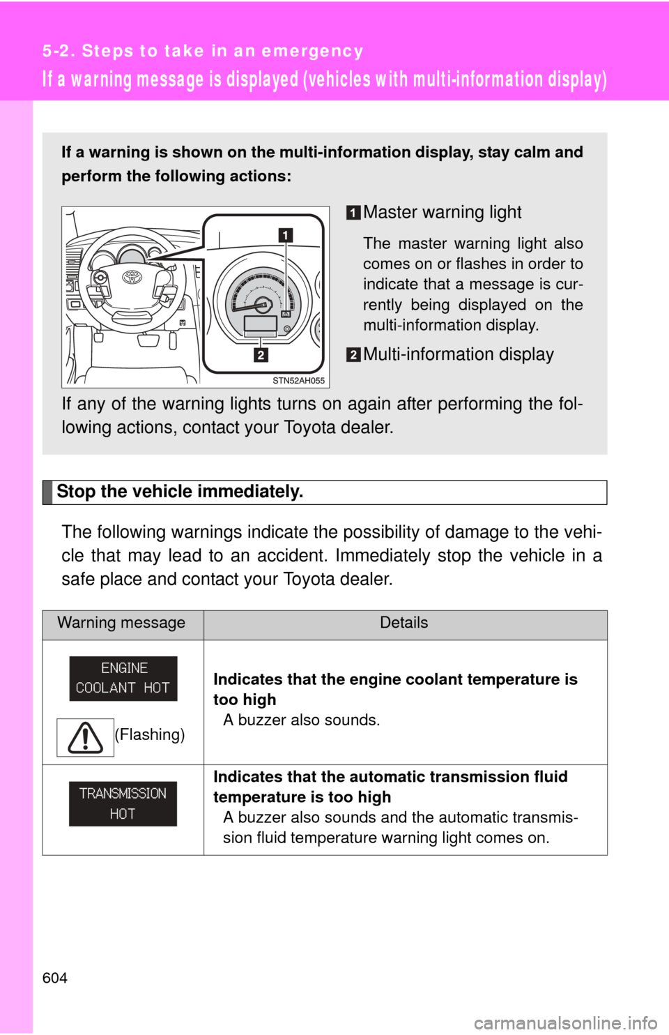 TOYOTA TUNDRA 2010 2.G Owners Manual 604
5-2. Steps to take in an emergency
If a war ning message is displayed (vehicles with multi-infor mation display)
Stop the vehicle immediately.The following warnings indicate the possibility of dam