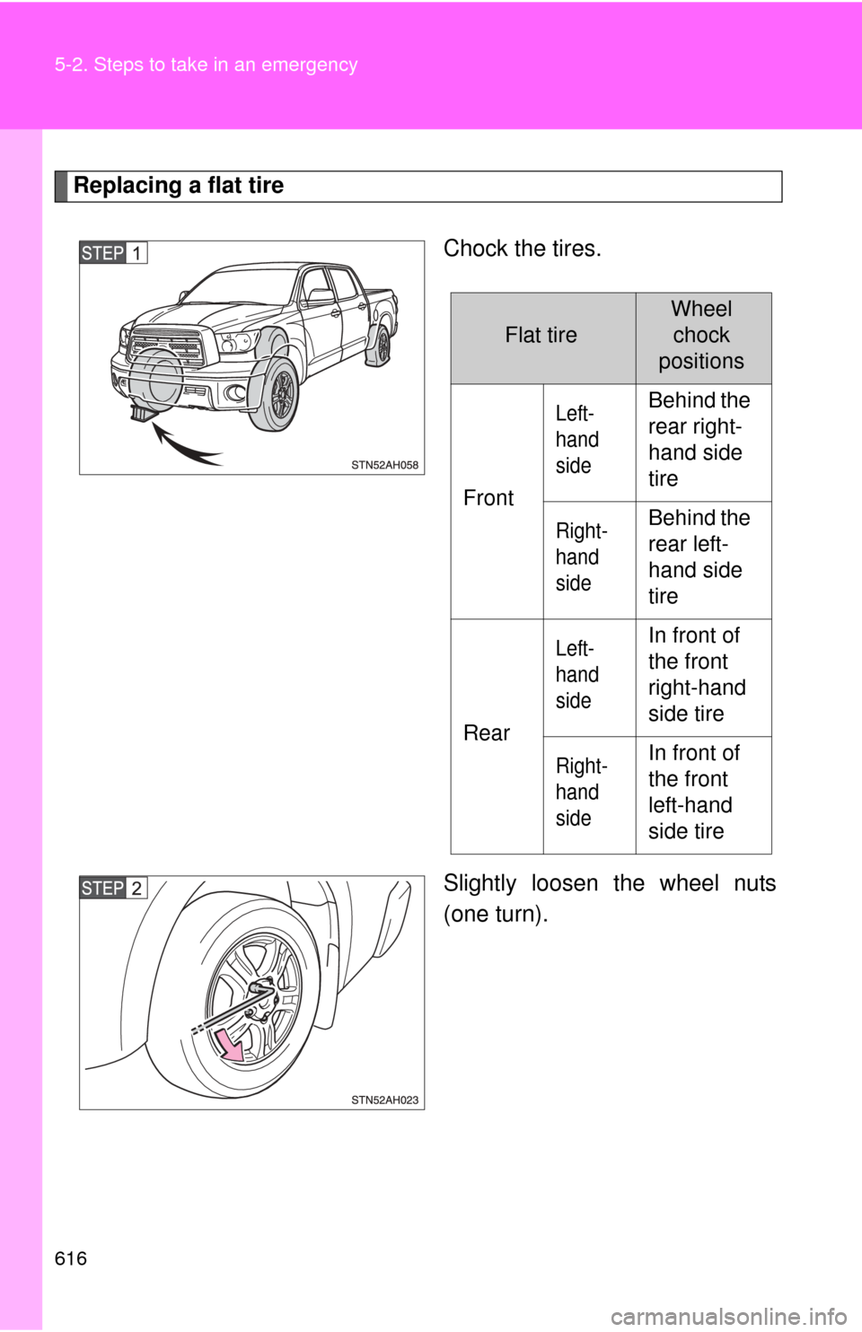 TOYOTA TUNDRA 2010 2.G Owners Manual 616 5-2. Steps to take in an emergency
Replacing a flat tireChock the tires.
Slightly loosen the wheel nuts
(one turn).
Flat tire
Wheelchock
positions
Front
Left-
hand 
sideBehind the 
rear right-
han