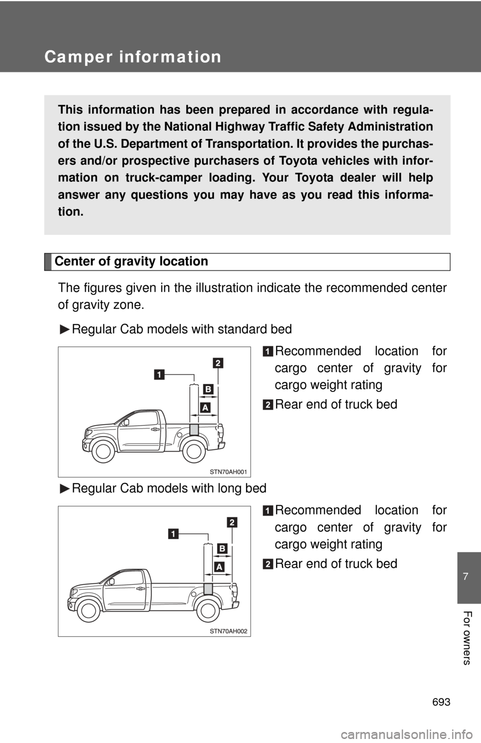 TOYOTA TUNDRA 2010 2.G Owners Manual 693
7
For owners
Camper information
Center of gravity locationThe figures given in the illustration indicate the recommended center
of gravity zone. Regular Cab models with standard bed Recommended lo