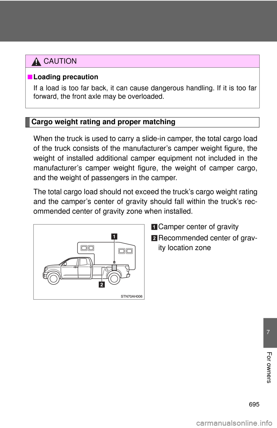 TOYOTA TUNDRA 2010 2.G Owners Manual 695
7
For owners
Cargo weight rating and proper matchingWhen the truck is used to carry a slide-in camper, the total cargo load
of the truck consists of  the manufacturer’s camper weight figure, the