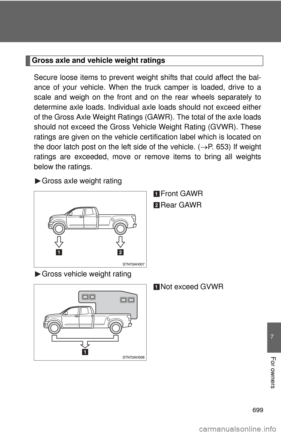 TOYOTA TUNDRA 2010 2.G Owners Manual 699
7
For owners
Gross axle and vehicle weight ratingsSecure loose items to prevent weight shifts that could affect the bal-
ance of your vehicle. When the truck camper is loaded, drive to a
scale and