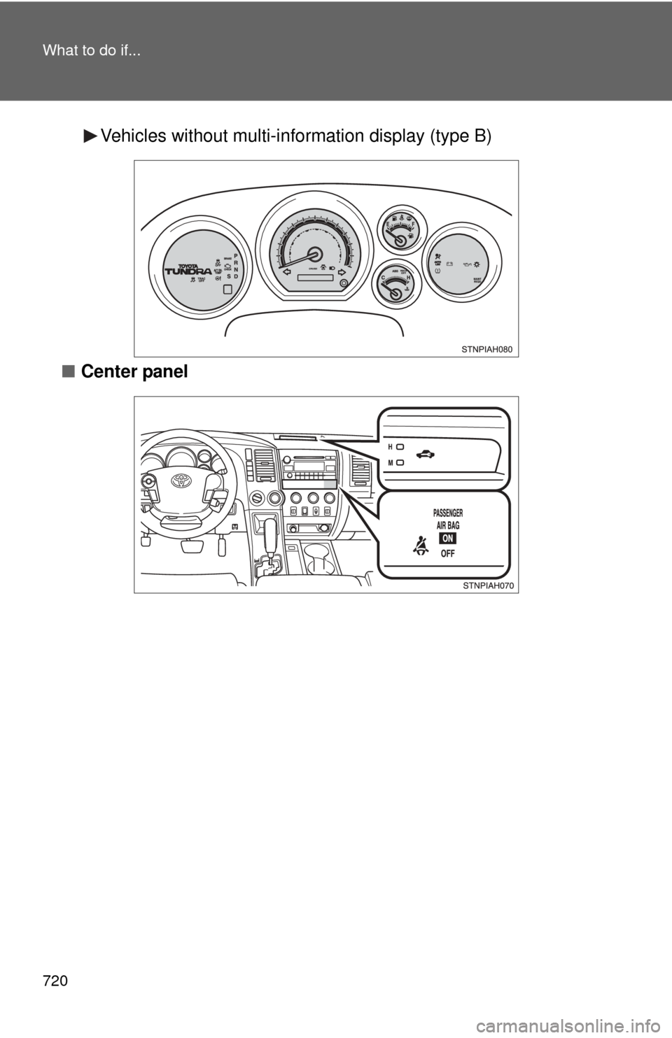 TOYOTA TUNDRA 2010 2.G Owners Manual 720 What to do if...
Vehicles without multi-information display (type B)
■ Center panel 