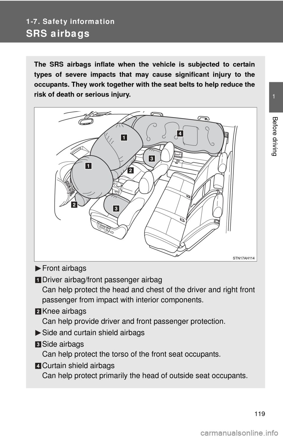 TOYOTA TUNDRA 2011 2.G Owners Manual 119
1
1-7. Safety information
Before driving
SRS airbags
The SRS airbags inflate when the vehicle is subjected to certain
types of severe impacts that may cause significant injury to the
occupants. T TOYOTA TUNDRA 2011 2.G Owners Manual 119
1
1-7. Safety information
Before driving
SRS airbags
The SRS airbags inflate when the vehicle is subjected to certain
types of severe impacts that may cause significant injury to the
occupants. T