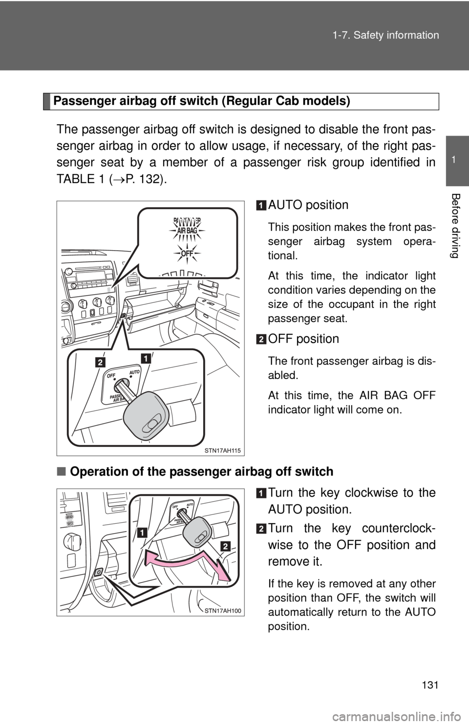 TOYOTA TUNDRA 2011 2.G Owners Manual 131
1-7. Safety information
1
Before driving
Passenger airbag off switch (Regular Cab models)
The passenger airbag off switch is designed to disable the front pas-
senger airbag in order to allow us TOYOTA TUNDRA 2011 2.G Owners Manual 131
1-7. Safety information
1
Before driving
Passenger airbag off switch (Regular Cab models)
The passenger airbag off switch is designed to disable the front pas-
senger airbag in order to allow us