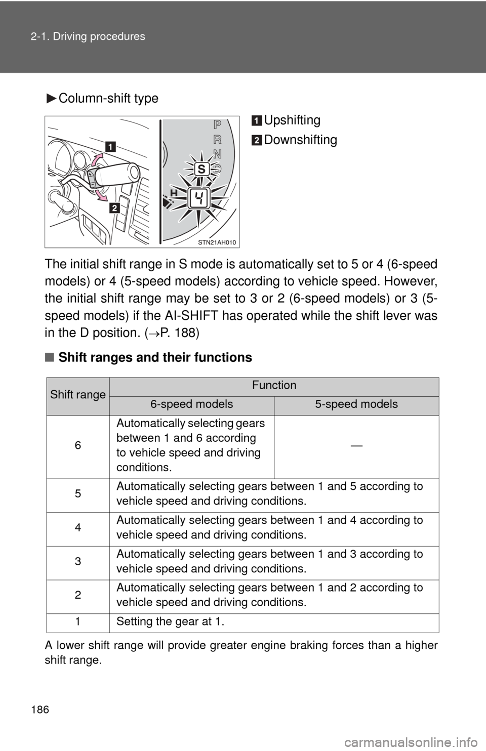 TOYOTA TUNDRA 2011 2.G Owners Manual 186 2-1. Driving procedures
Column-shift typeUpshifting
Downshifting
The initial shift range in S mode is automatically set to 5 or 4 (6-speed
models) or 4 (5-speed models) according to vehicle speed. TOYOTA TUNDRA 2011 2.G Owners Manual 186 2-1. Driving procedures
Column-shift typeUpshifting
Downshifting
The initial shift range in S mode is automatically set to 5 or 4 (6-speed
models) or 4 (5-speed models) according to vehicle speed.