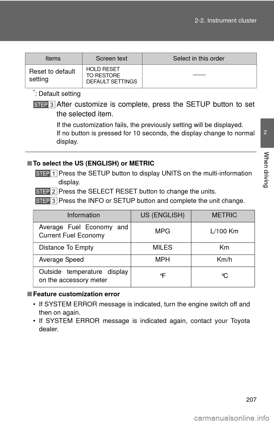 TOYOTA TUNDRA 2011 2.G Owners Manual 207
2-2. Instrument cluster
2
When driving
*: Default setting
After customize is complete, press the SETUP button to set
the selected item.
If the customization fails, the previously setting will be d TOYOTA TUNDRA 2011 2.G Owners Manual 207
2-2. Instrument cluster
2
When driving
*: Default setting
After customize is complete, press the SETUP button to set
the selected item.
If the customization fails, the previously setting will be d