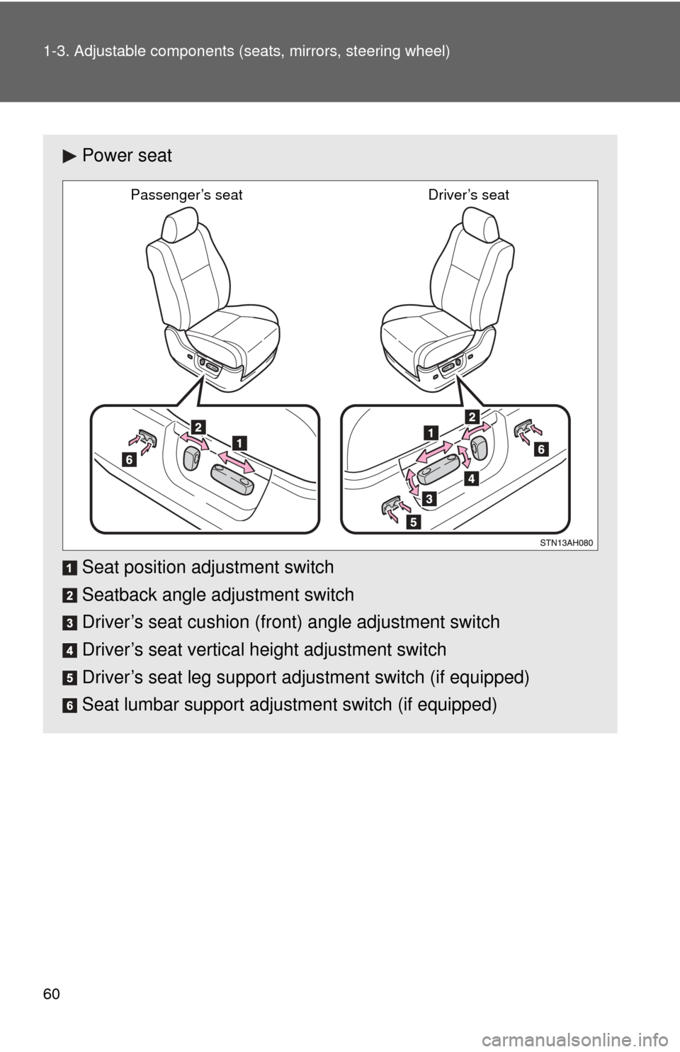 TOYOTA TUNDRA 2011 2.G Owners Manual 60 1-3. Adjustable components (seats, mirrors, steering wheel)
Power seat
Seat position adjustment switch
Seatback angle adjustment switch
Driver’s seat cushion (front) angle adjustment switch
Drive