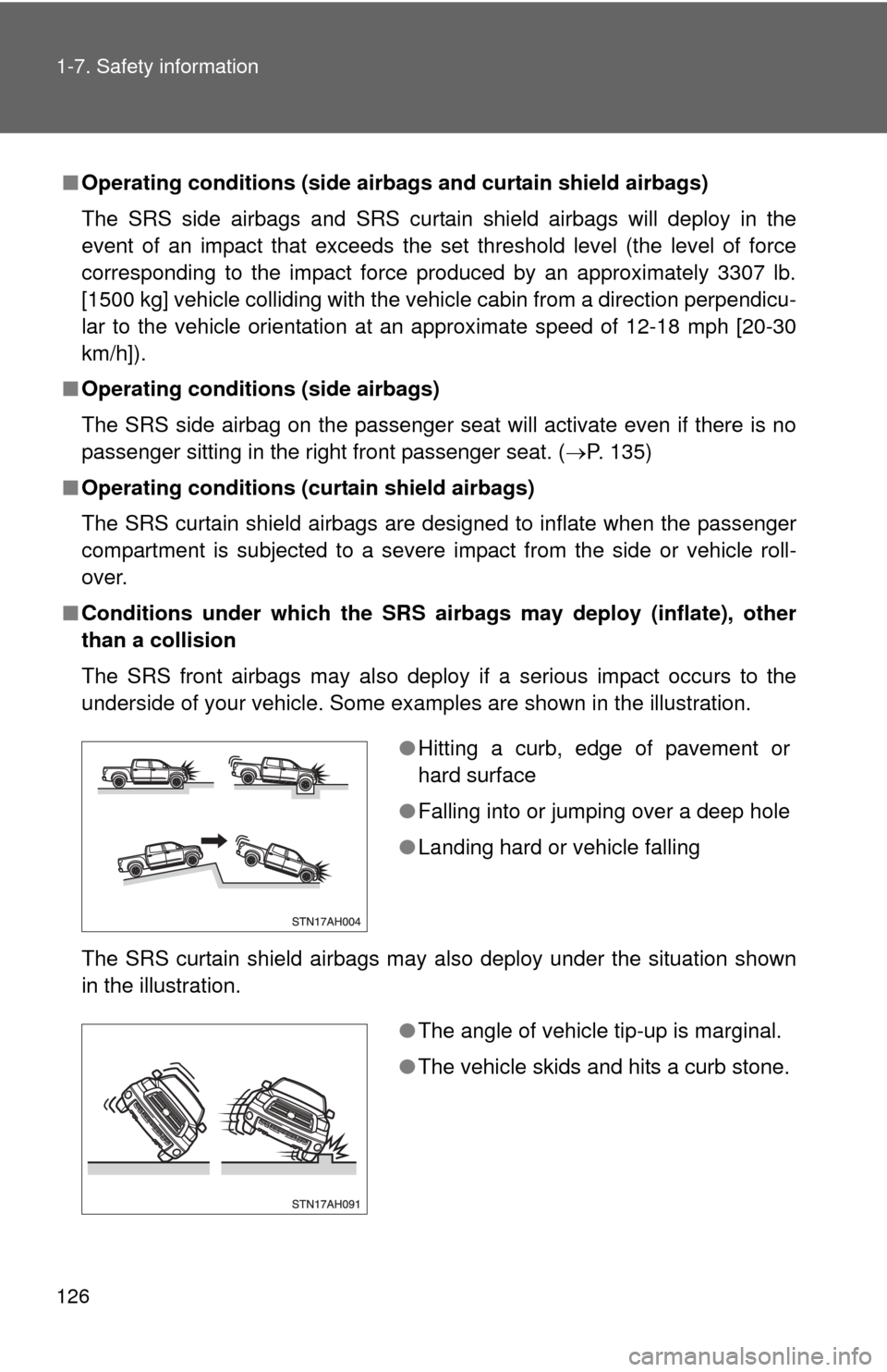 TOYOTA TUNDRA 2012 2.G Owners Manual 126 1-7. Safety information
■Operating conditions (side airbag s and curtain shield airbags)
The SRS side airbags and SRS curtain shield airbags will deploy in the
event of an impact that exceeds t TOYOTA TUNDRA 2012 2.G Owners Manual 126 1-7. Safety information
■Operating conditions (side airbag s and curtain shield airbags)
The SRS side airbags and SRS curtain shield airbags will deploy in the
event of an impact that exceeds t