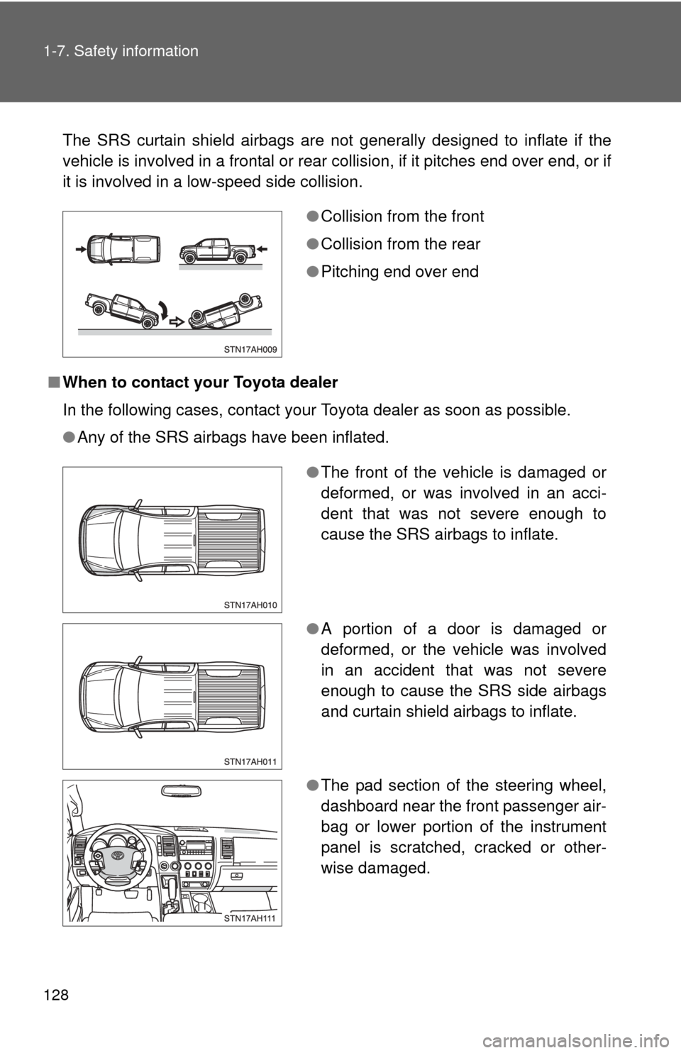 TOYOTA TUNDRA 2012 2.G Owners Manual 128 1-7. Safety information
The SRS curtain shield airbags are not generally designed to inflate if the
vehicle is involved in a frontal or rear collision, if it pitches end over end, or if
it is invo TOYOTA TUNDRA 2012 2.G Owners Manual 128 1-7. Safety information
The SRS curtain shield airbags are not generally designed to inflate if the
vehicle is involved in a frontal or rear collision, if it pitches end over end, or if
it is invo
