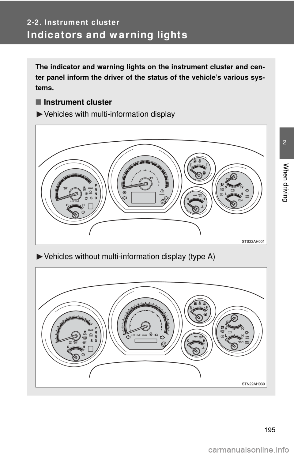 TOYOTA TUNDRA 2012 2.G Owners Manual 195
2-2. Instrument cluster
2
When driving
Indicators and warning lights
The indicator and warning lights on the instrument cluster and cen-
ter panel inform the driver of the status of the vehicle TOYOTA TUNDRA 2012 2.G Owners Manual 195
2-2. Instrument cluster
2
When driving
Indicators and warning lights
The indicator and warning lights on the instrument cluster and cen-
ter panel inform the driver of the status of the vehicle