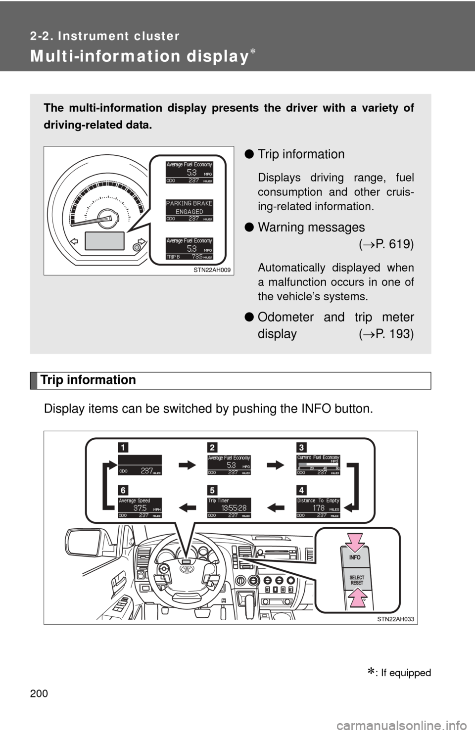 TOYOTA TUNDRA 2012 2.G Owners Manual 200
2-2. Instrument cluster
Multi-information display
Trip informationDisplay items can be switched by  pushing the INFO button.
: If equipped
The multi-information display presen ts the driver 