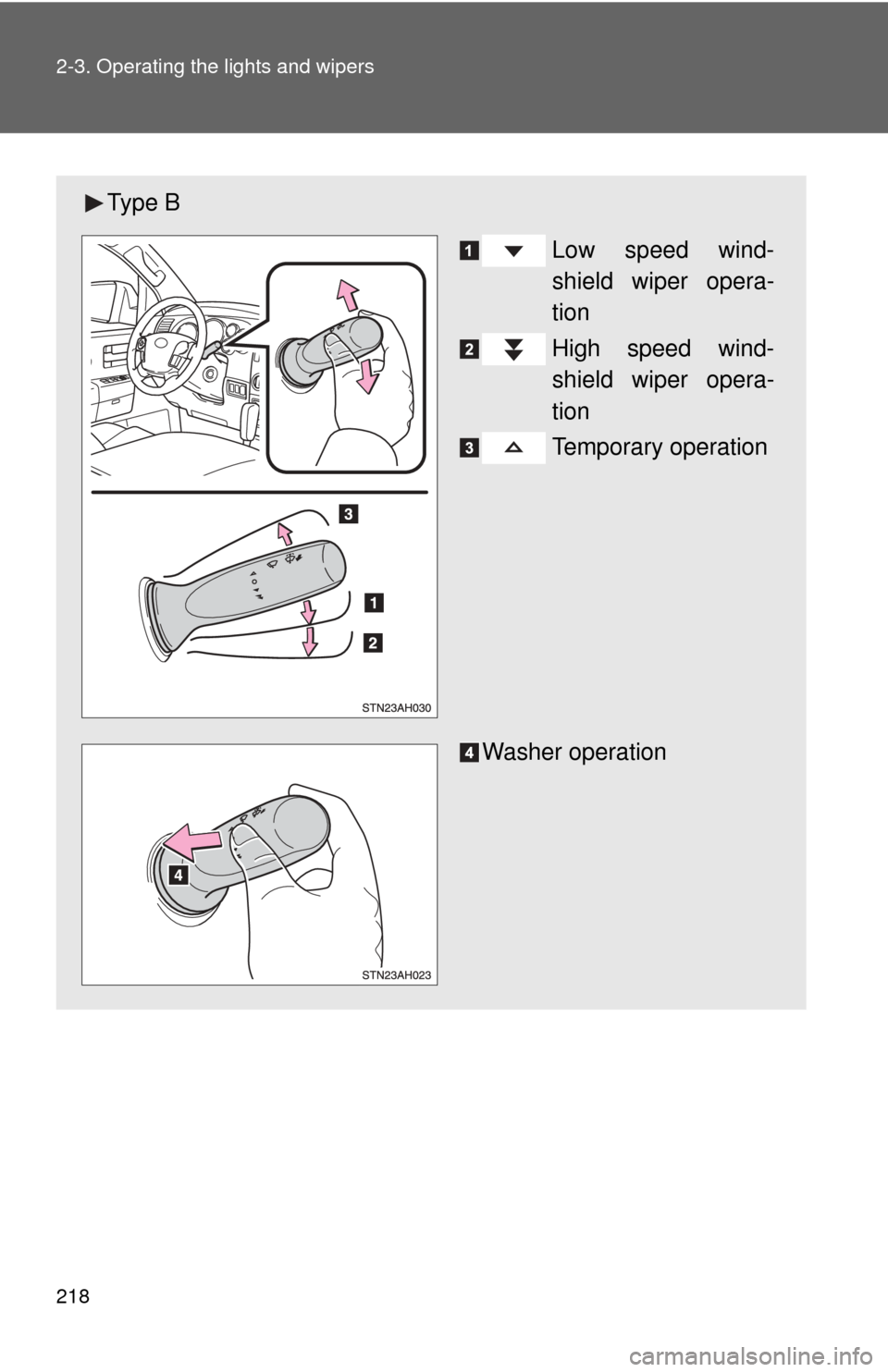 TOYOTA TUNDRA 2012 2.G Owners Manual 218 2-3. Operating the lights and wipers
Ty p e  BLow speed wind-
shield wiper opera-
tion
High speed wind-
shield wiper opera-
tion
Temporary operation
Washer operation 