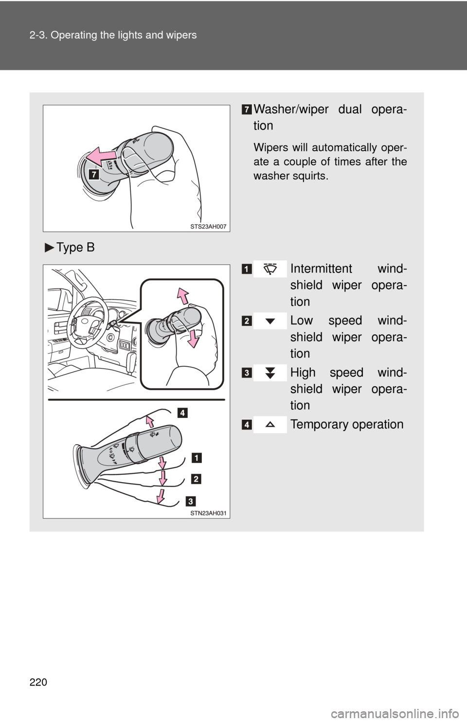 TOYOTA TUNDRA 2012 2.G Owners Manual 220 2-3. Operating the lights and wipers
Washer/wiper dual opera-
tion
Wipers will automatically oper-
ate a couple of times after the
washer squirts. 
Ty p e  BIntermittent wind-
shield wiper opera-

