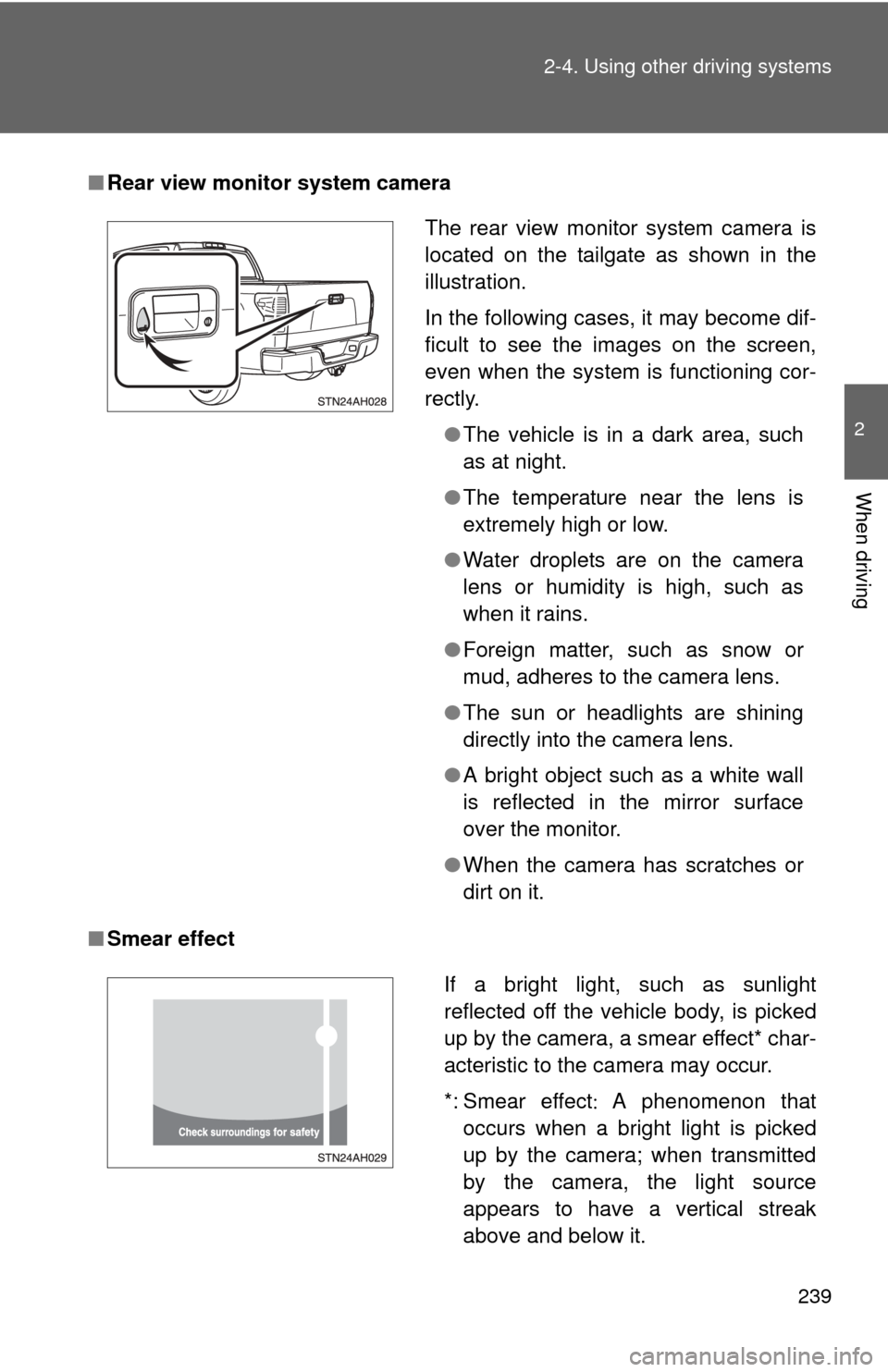TOYOTA TUNDRA 2012 2.G Owners Manual 239
2-4. Using other
driving systems
2
When driving
■Rear view monitor system camera
■ Smear effect
The rear view monitor system camera is
located on the tailgate as shown in the
illustration.
In TOYOTA TUNDRA 2012 2.G Owners Manual 239
2-4. Using other
driving systems
2
When driving
■Rear view monitor system camera
■ Smear effect
The rear view monitor system camera is
located on the tailgate as shown in the
illustration.
In