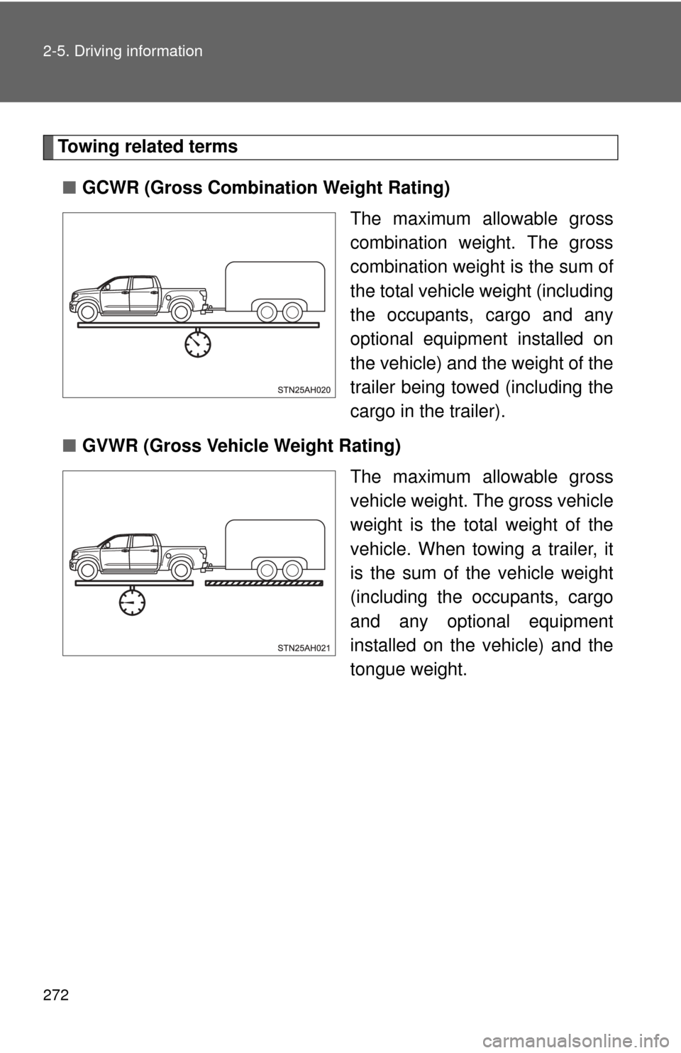 TOYOTA TUNDRA 2012 2.G Owners Manual 272 2-5. Driving information
Towing related terms■ GCWR (Gross Combination Weight Rating)
The maximum allowable gross
combination weight. The gross
combination weight is the sum of
the total vehicle